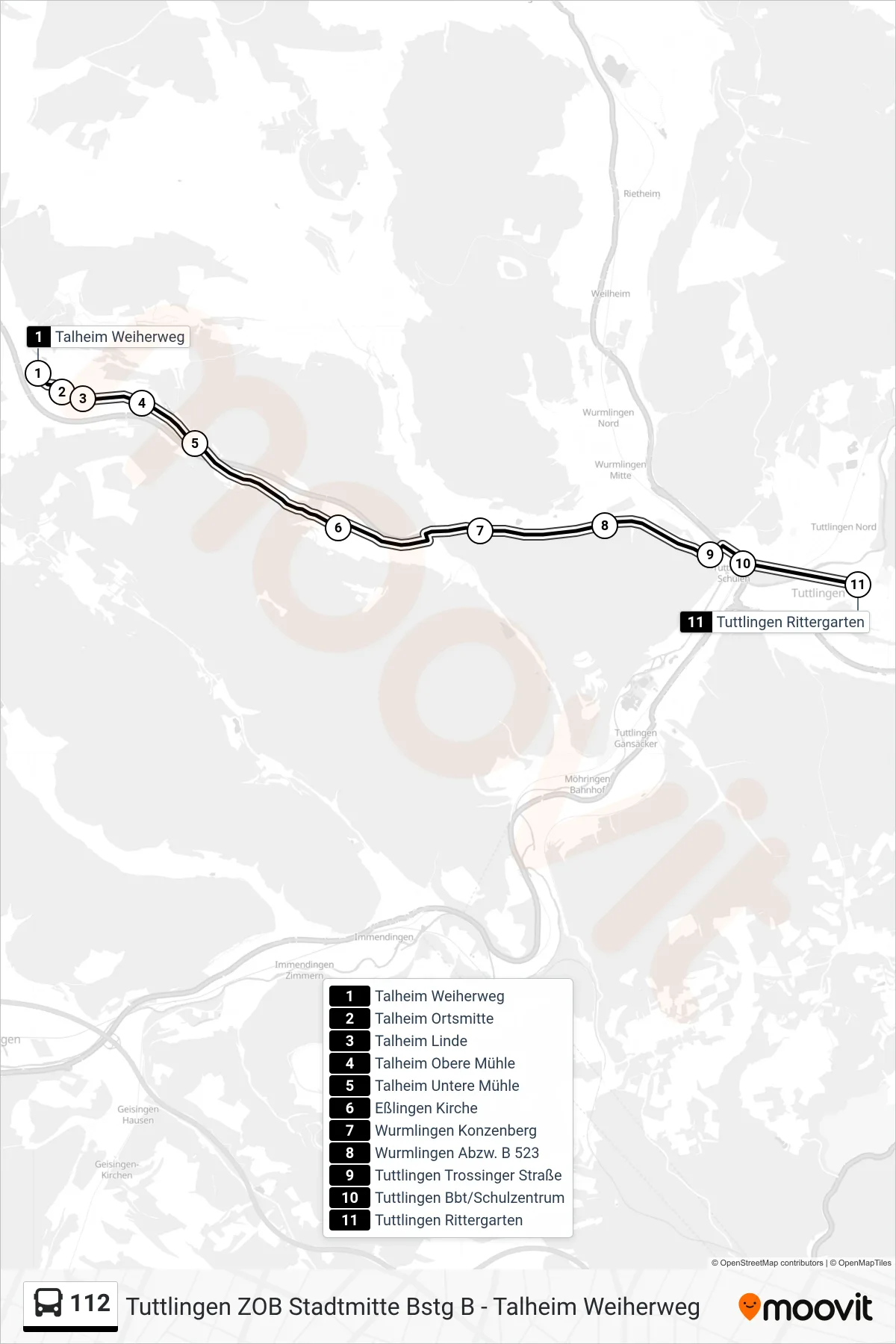 112 bus Line (Tuttlingen Rittergarten) route and stops on a map
