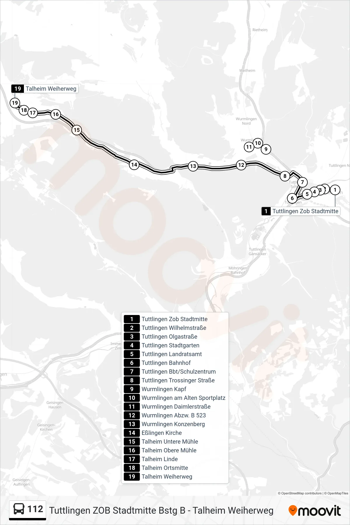 112 bus Line (Talheim Weiherweg) route and stops on a map