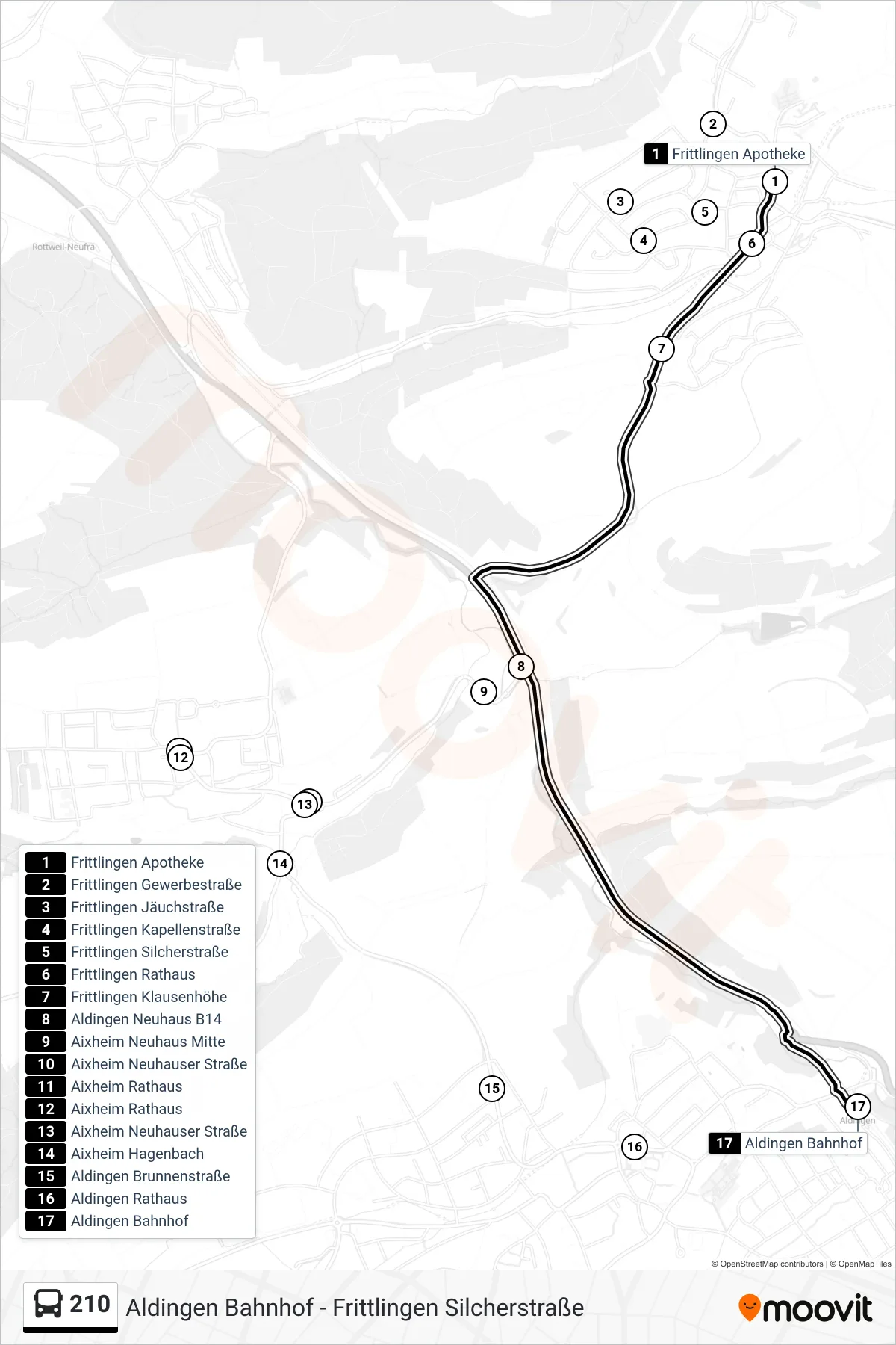 210 bus Line (Aldingen Bahnhof) route and stops on a map