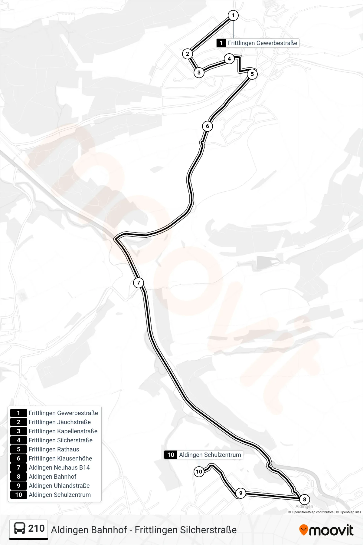 210 bus Line (Aldingen Schulzentrum) route and stops on a map