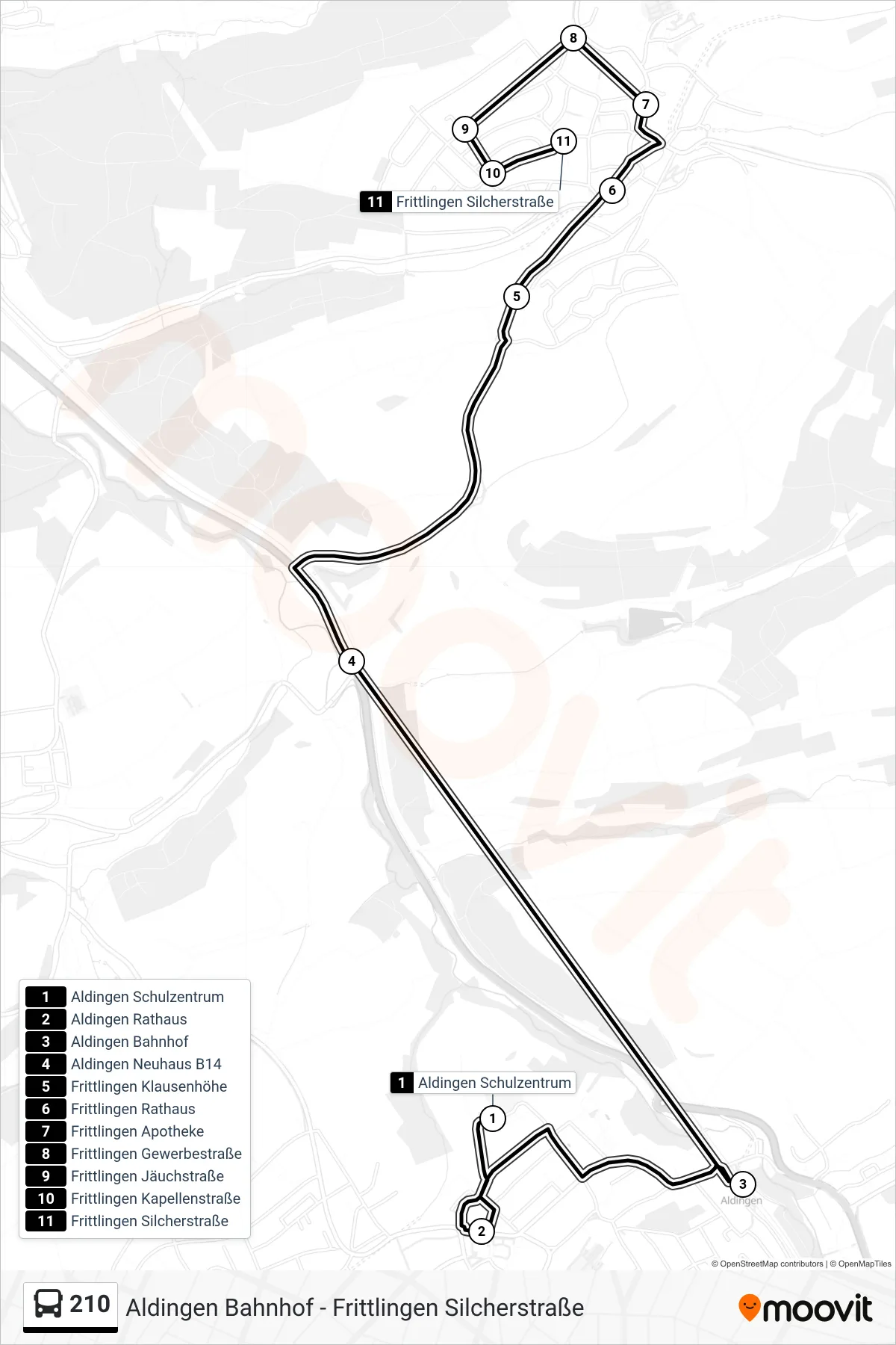 Linie 210 (Bus) Richtung Frittlingen Silcherstraße: Route und Haltestellen auf der Karte