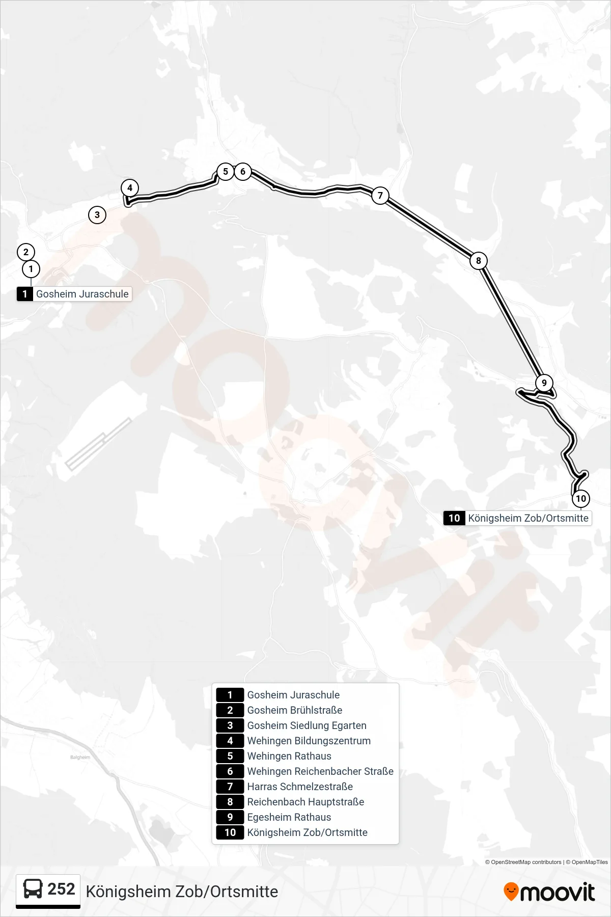 Linie 252 (Bus) Richtung Königsheim Zob/Ortsmitte: Route und Haltestellen auf der Karte