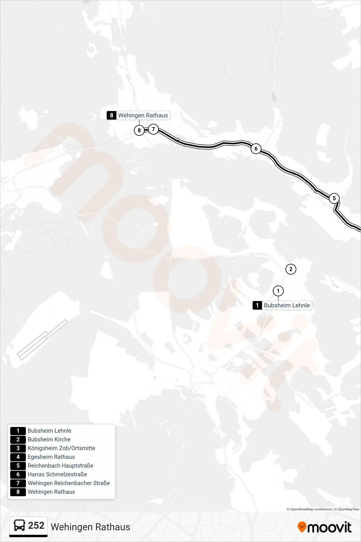 252 bus Line (Wehingen Rathaus) route and stops on a map