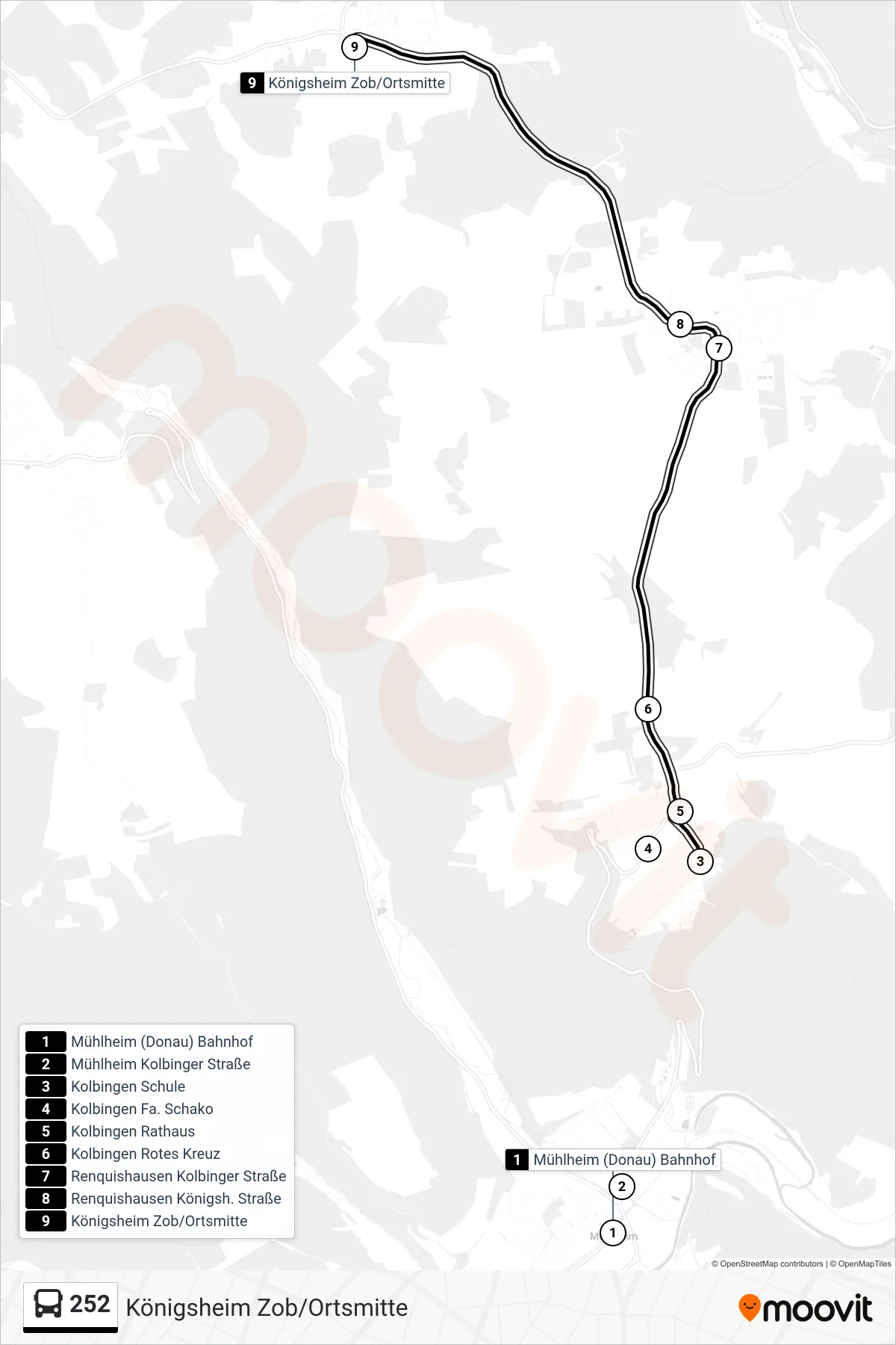 Linie 252 (Bus) Richtung Königsheim Zob/Ortsmitte: Route und Haltestellen auf der Karte