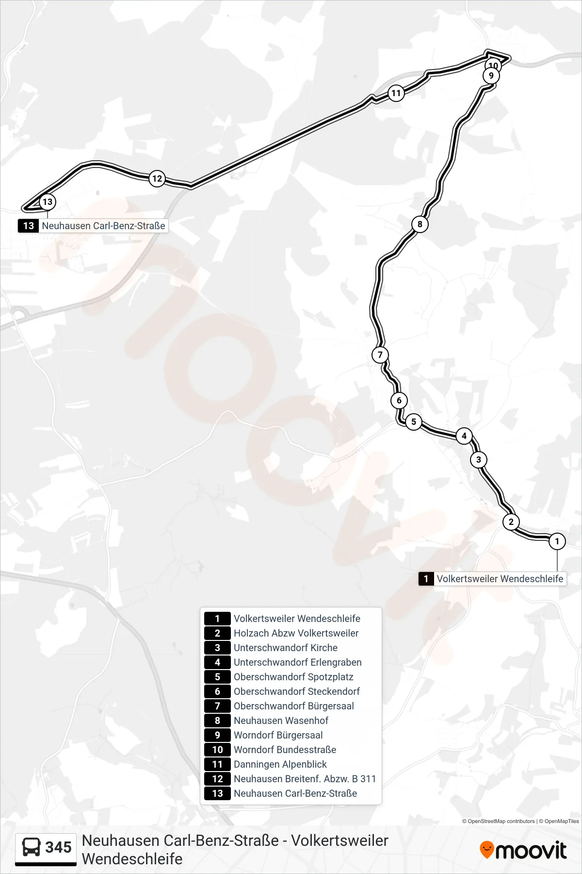 345 bus Line (Neuhausen Carl-Benz-Straße) route and stops on a map