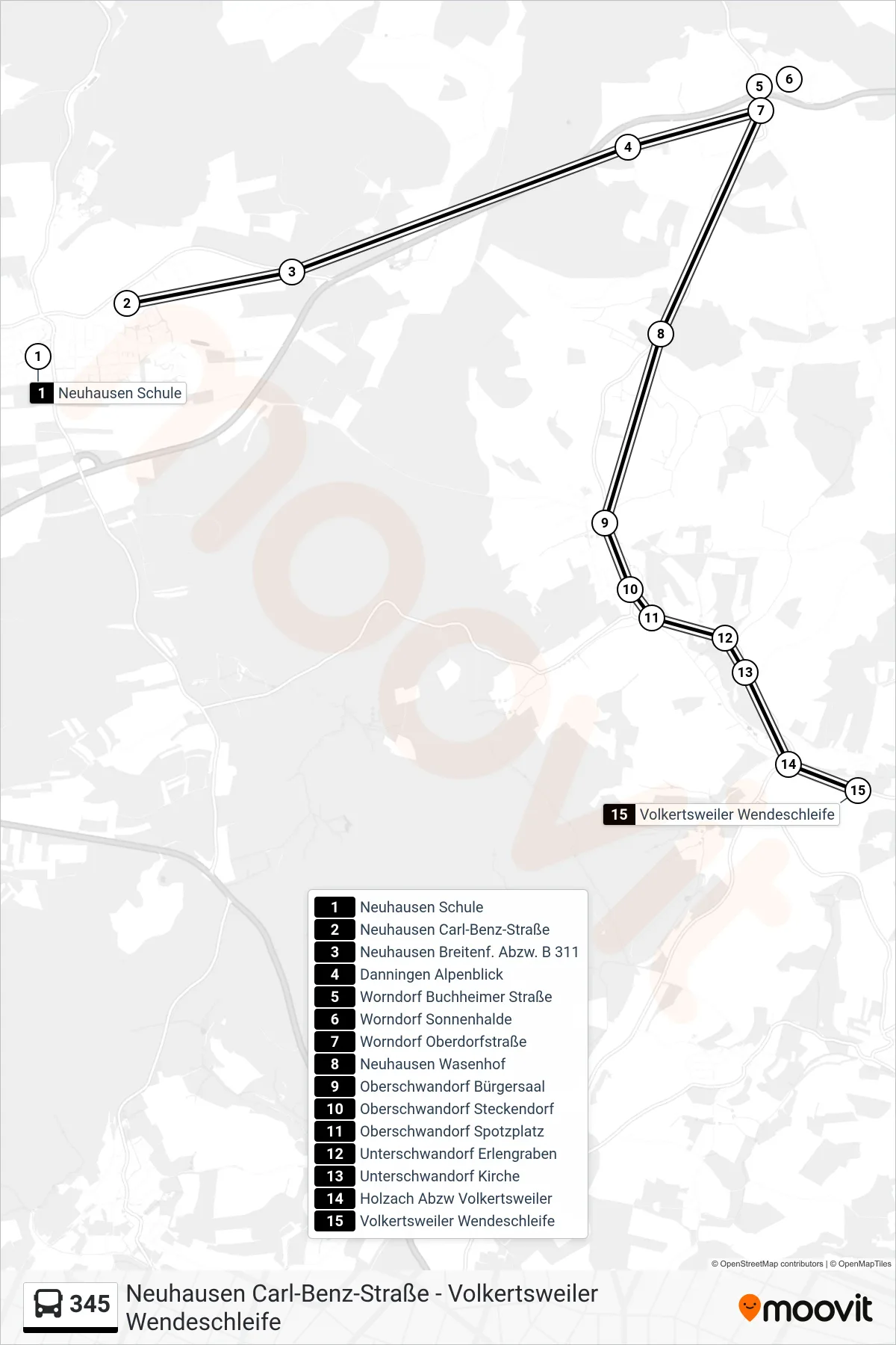 Linie 345 (Bus) Richtung Volkertsweiler Wendeschleife: Route und Haltestellen auf der Karte