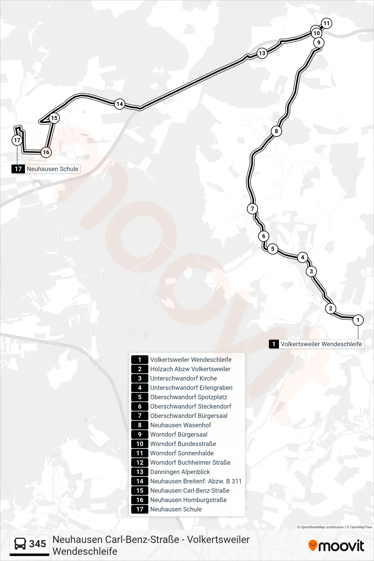 345 bus Line (Neuhausen Schule) route and stops on a map