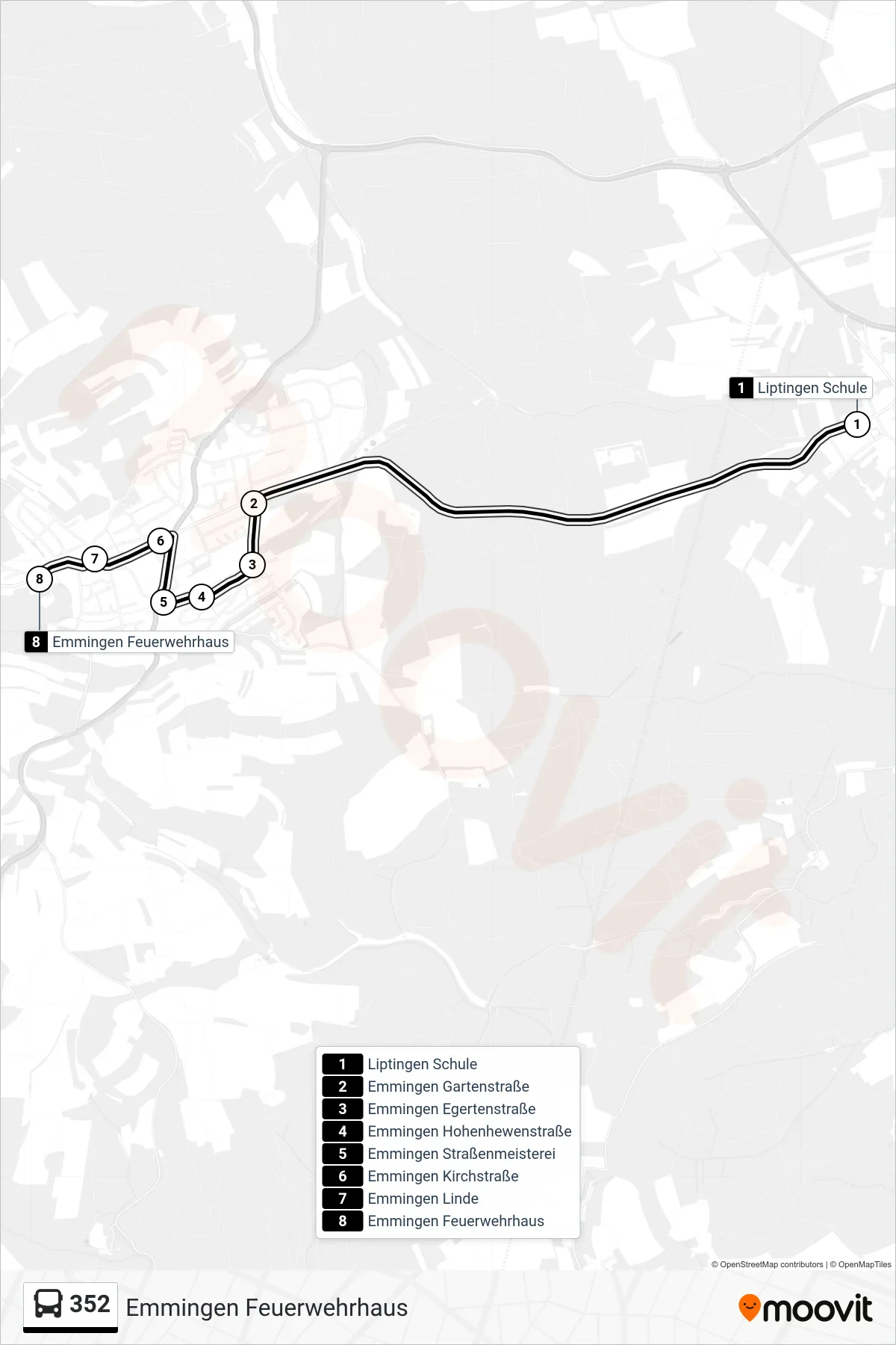 352 bus Line (Emmingen Feuerwehrhaus) route and stops on a map