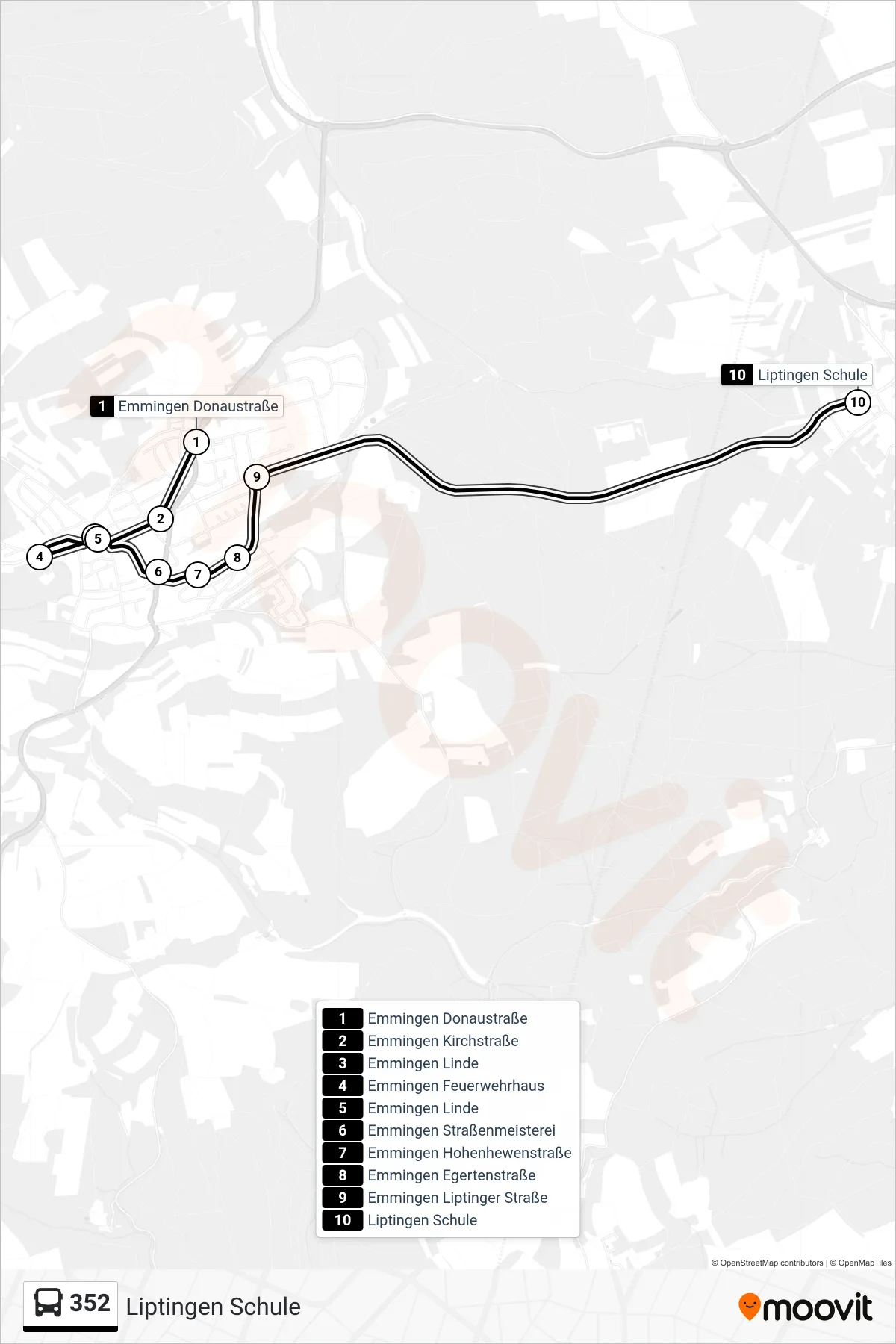 352 bus Line (Liptingen Schule) route and stops on a map
