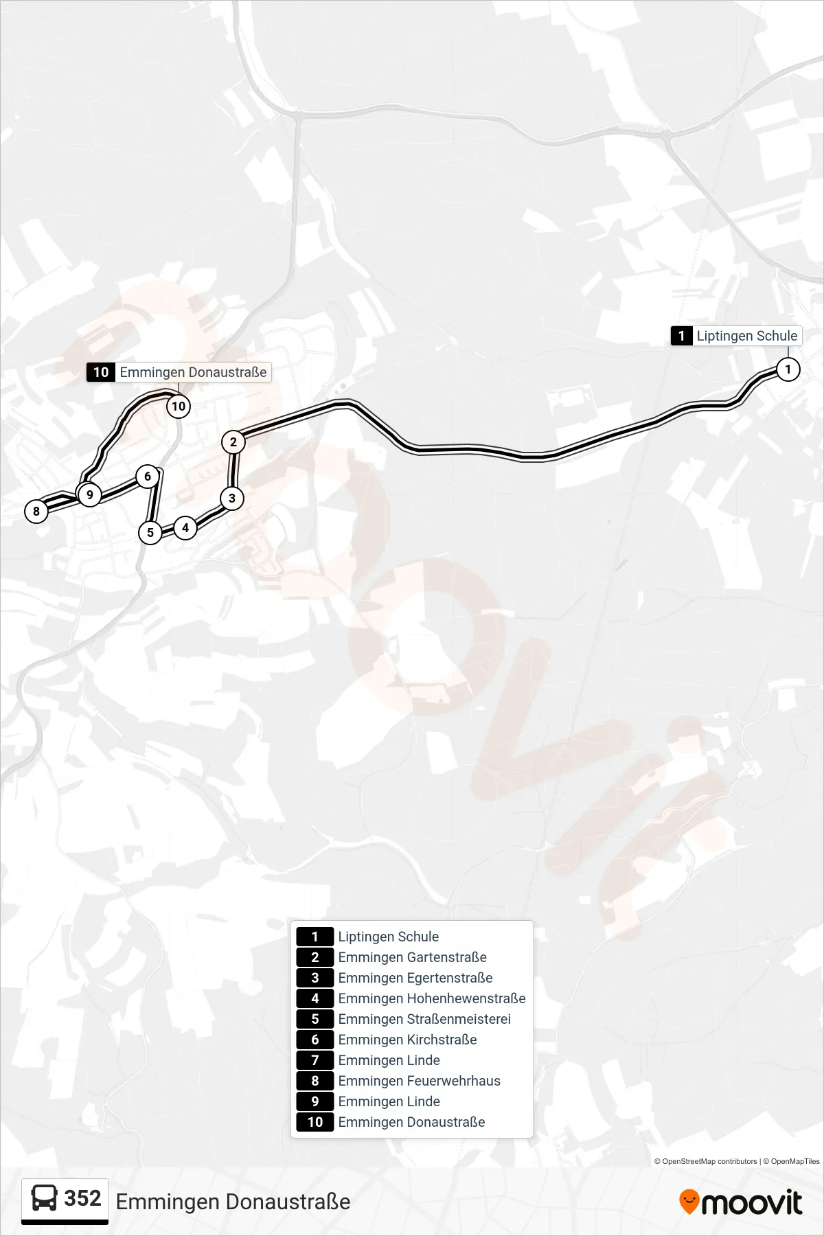 352 bus Line (Emmingen Donaustraße) route and stops on a map