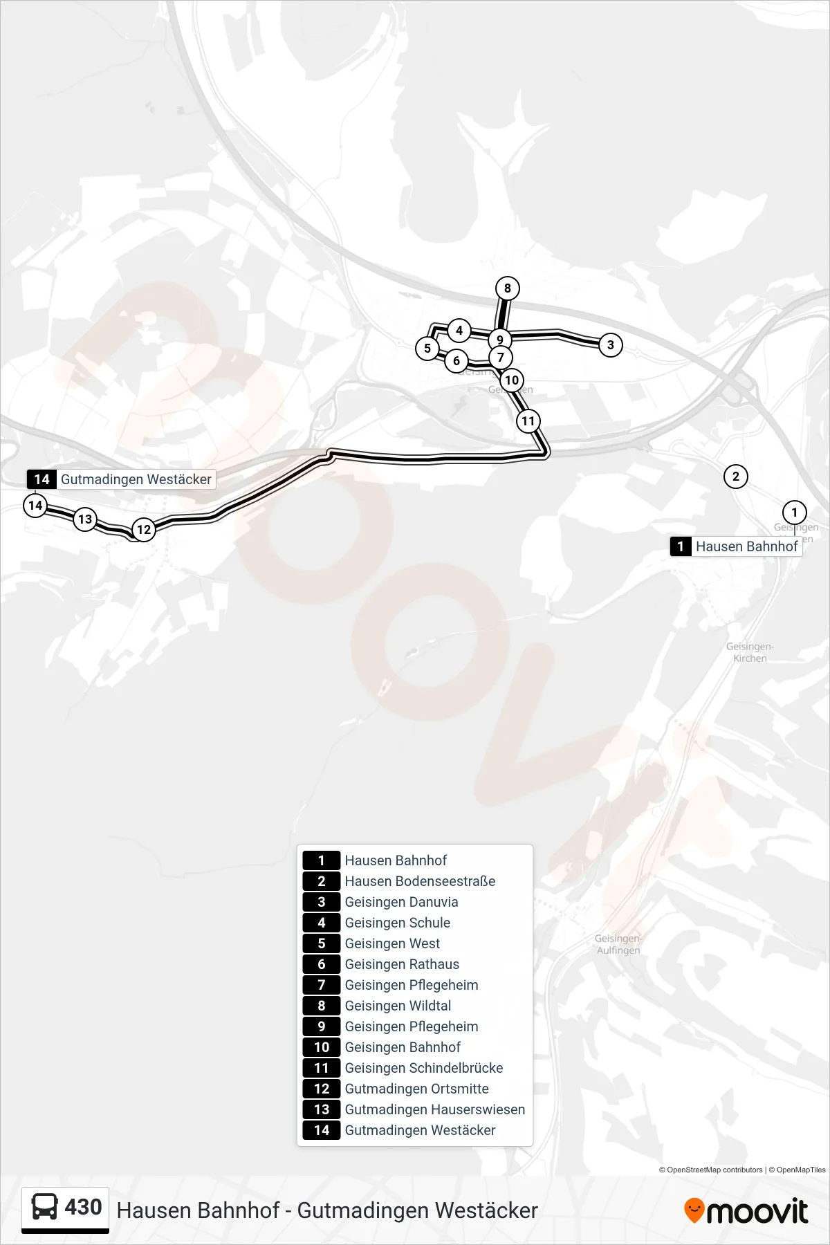 430 bus Line (Gutmadingen Westäcker) route and stops on a map