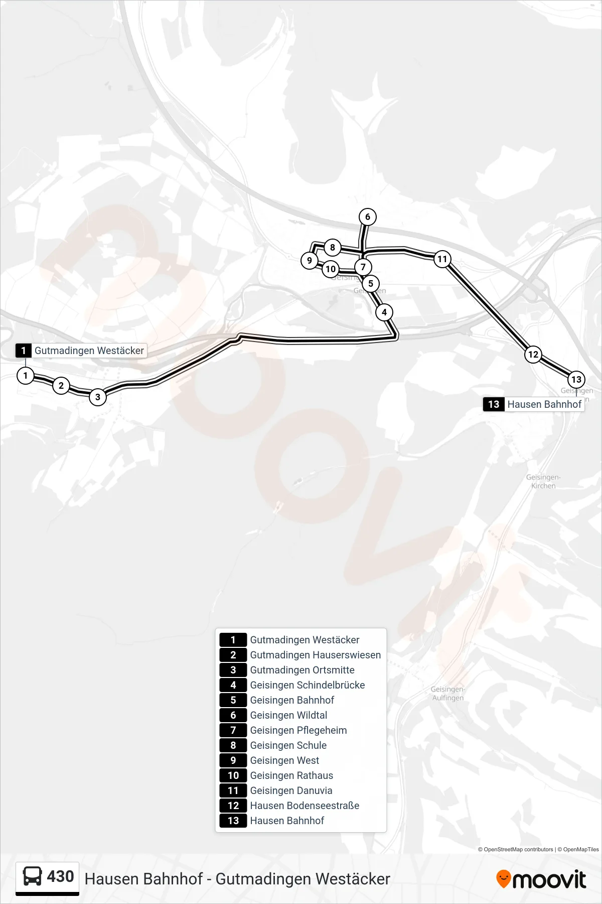 430 bus Line (Hausen Bahnhof) route and stops on a map