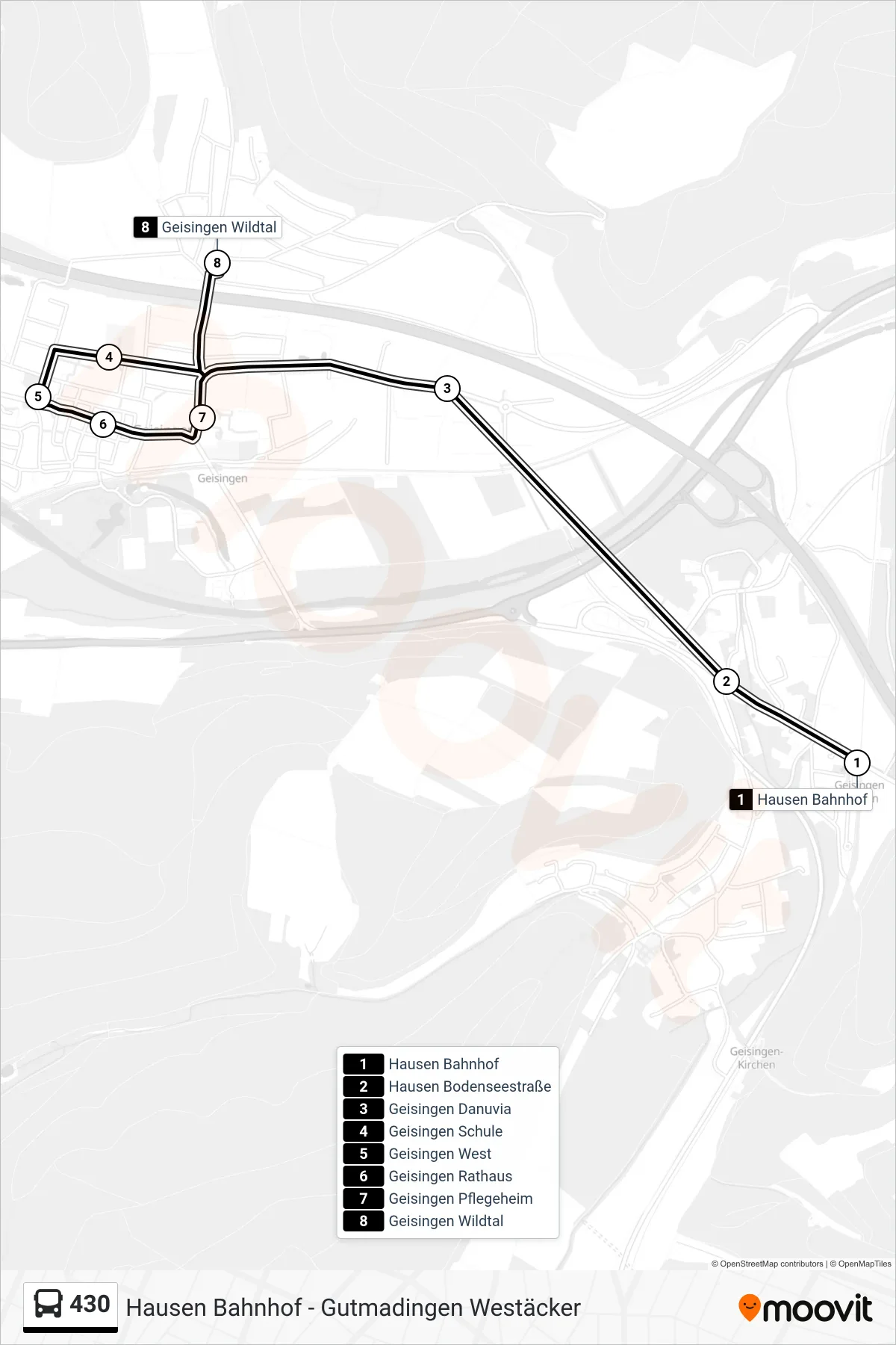 430 bus Line (Geisingen Wildtal) route and stops on a map