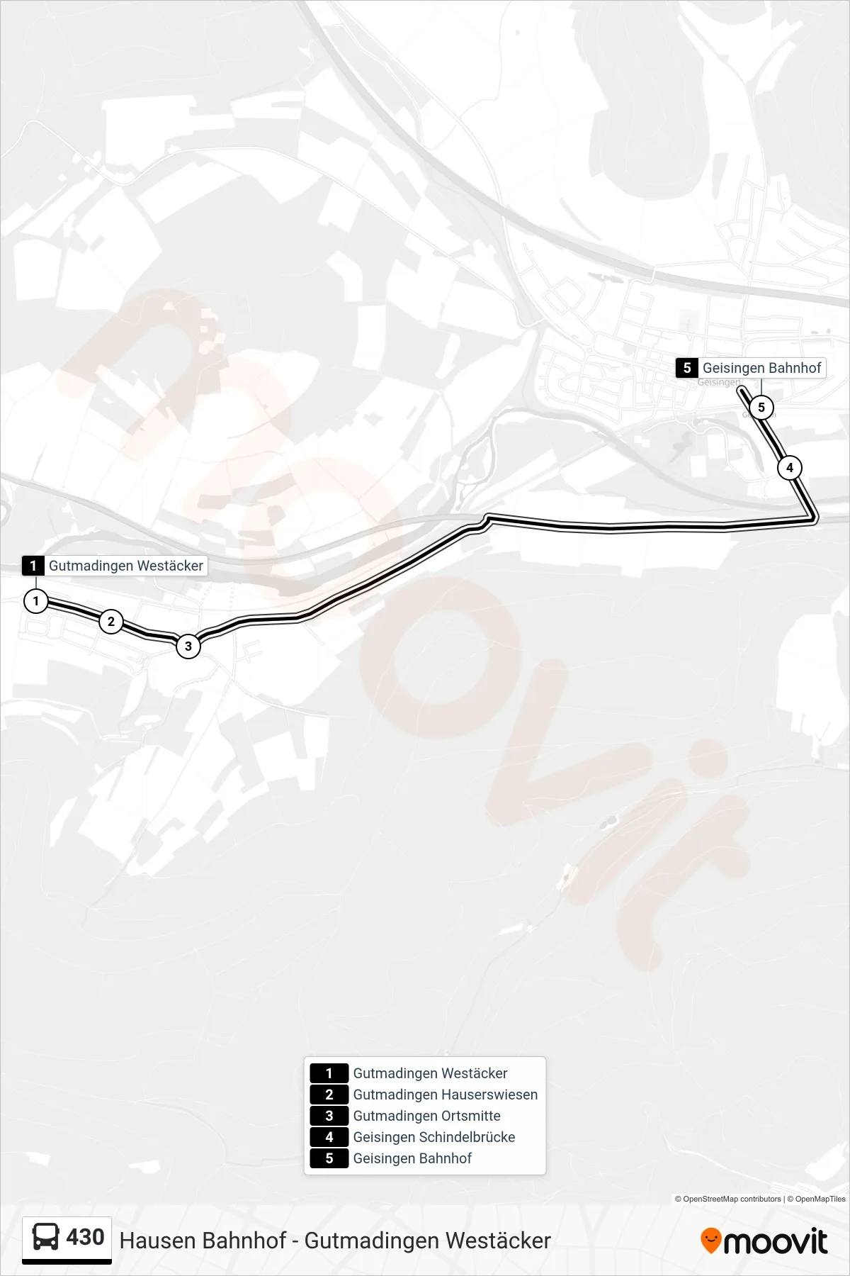 430 bus Line (Geisingen Bahnhof) route and stops on a map