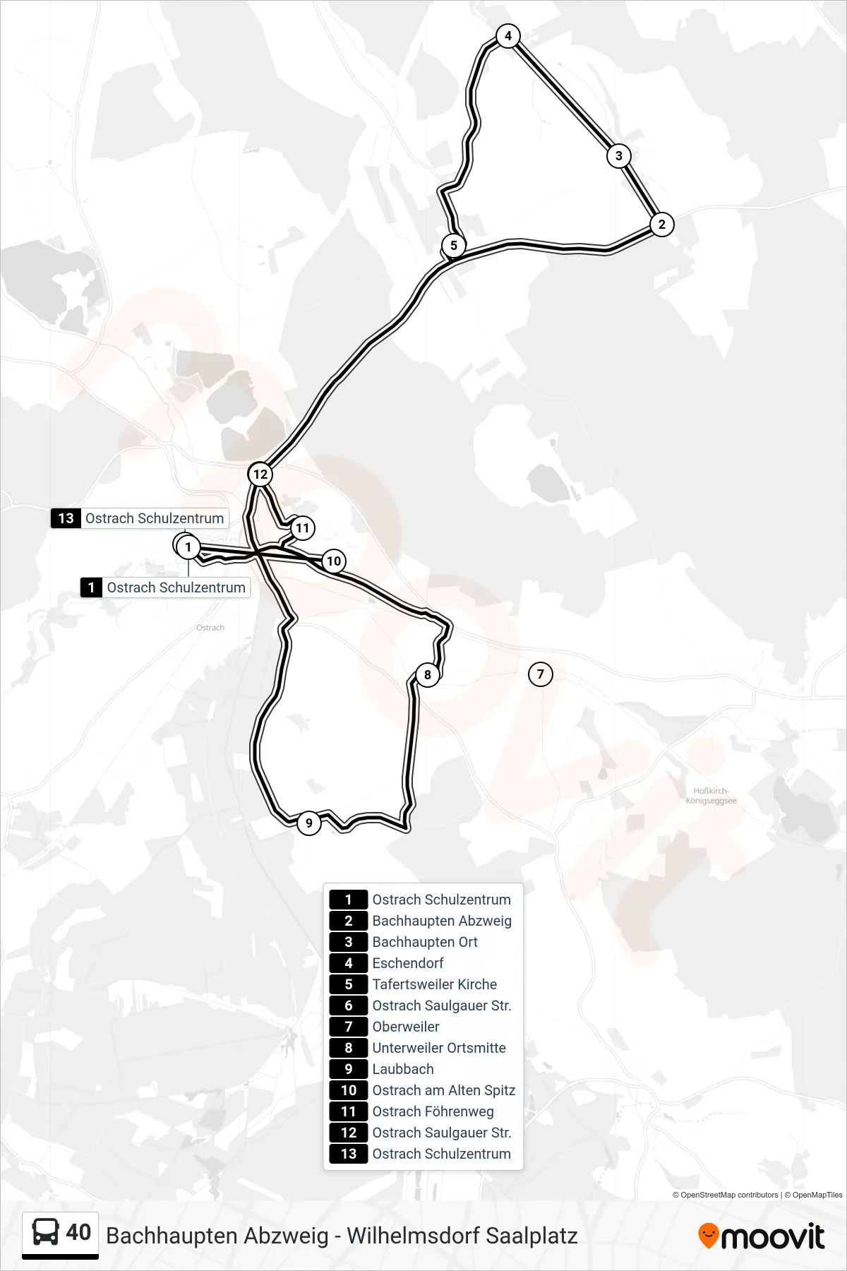 40 bus Line (Ostrach Schulzentrum) route and stops on a map