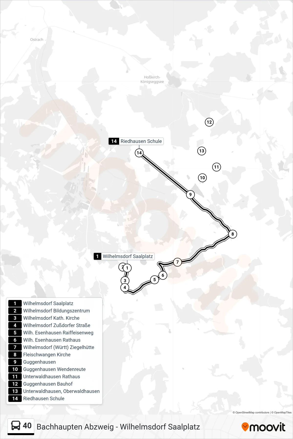 40 bus Line (Riedhausen Schule) route and stops on a map