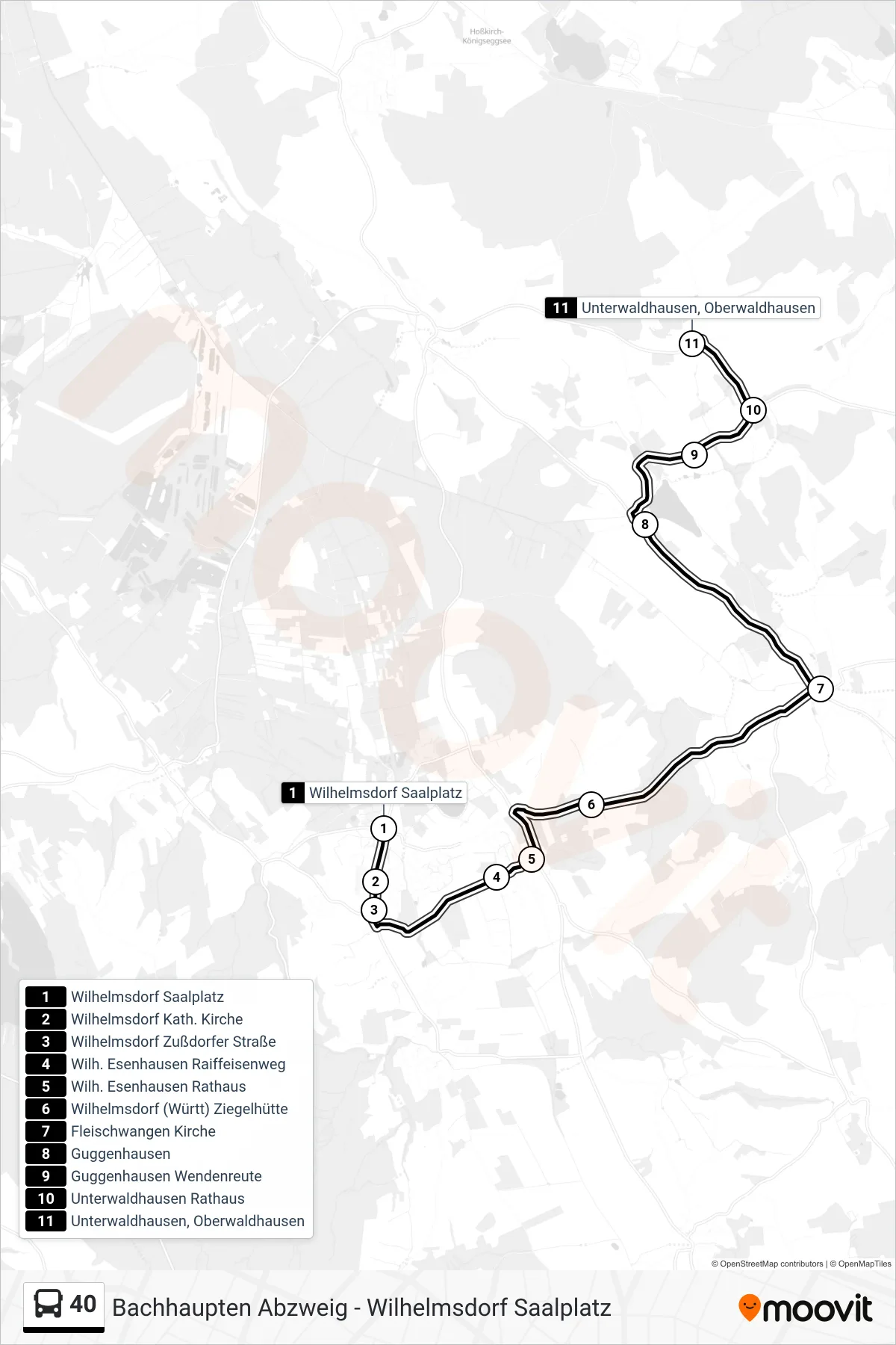 40 bus Line (Unterwaldhausen, Oberwaldhausen) route and stops on a map