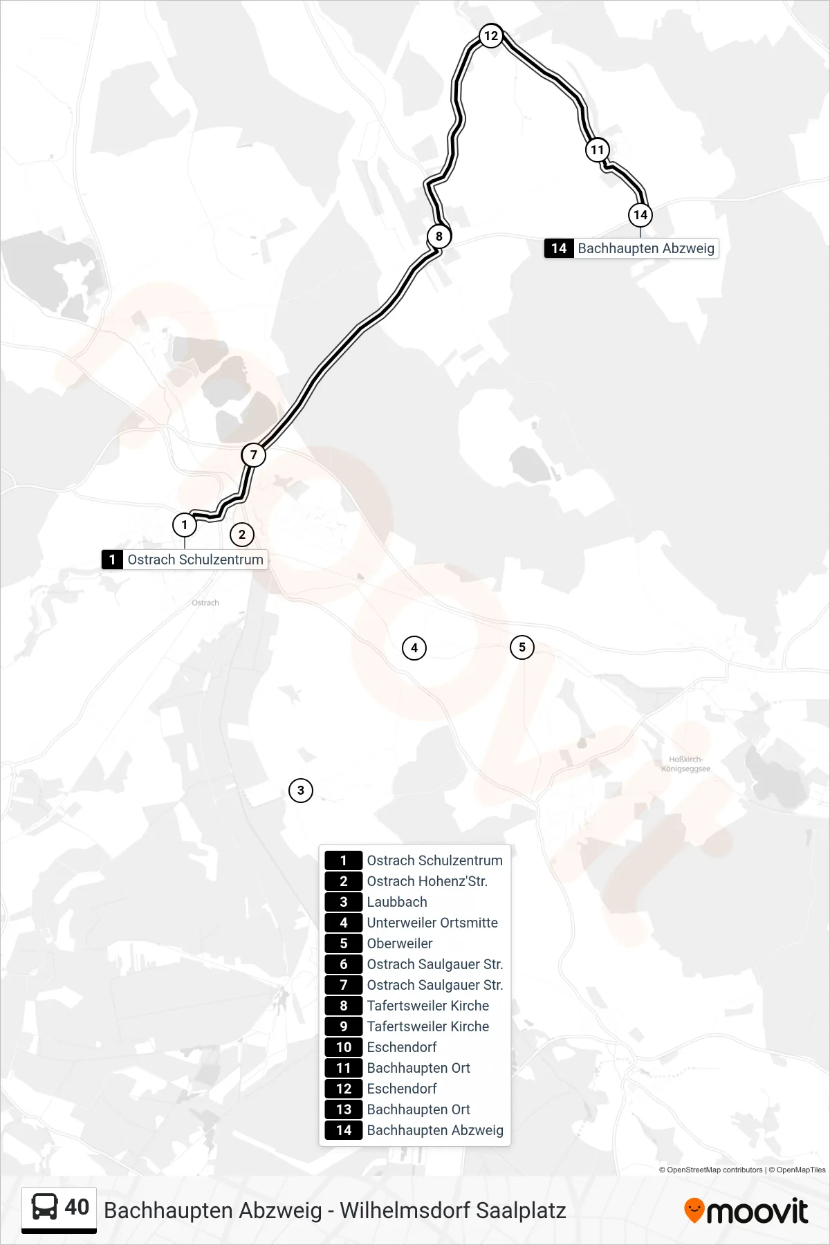 40 bus Line (Bachhaupten Abzweig) route and stops on a map