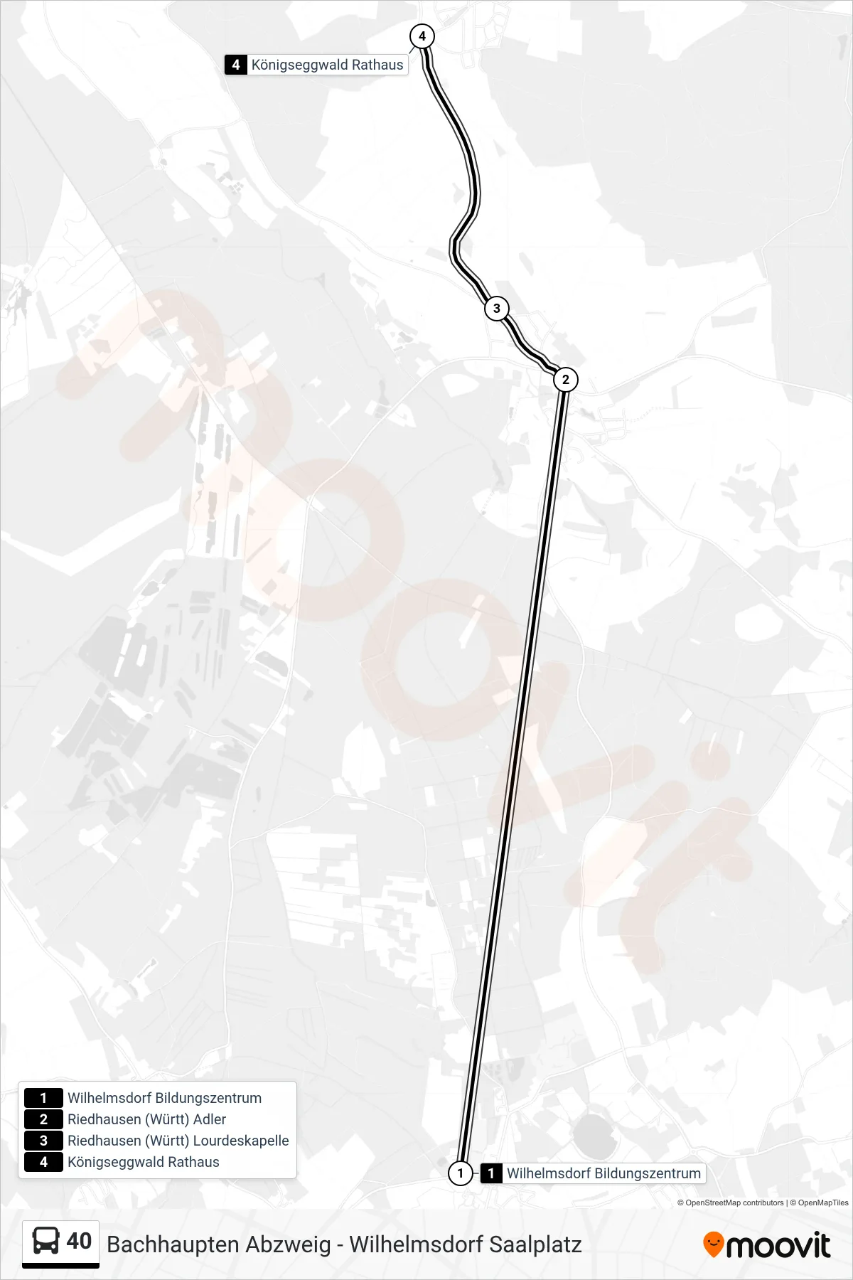 40 bus Line (Königseggwald Rathaus) route and stops on a map