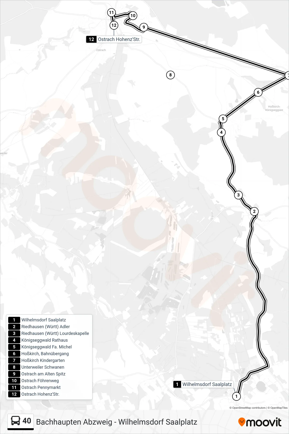 40 bus Line (Ostrach Hohenz'Str.) route and stops on a map