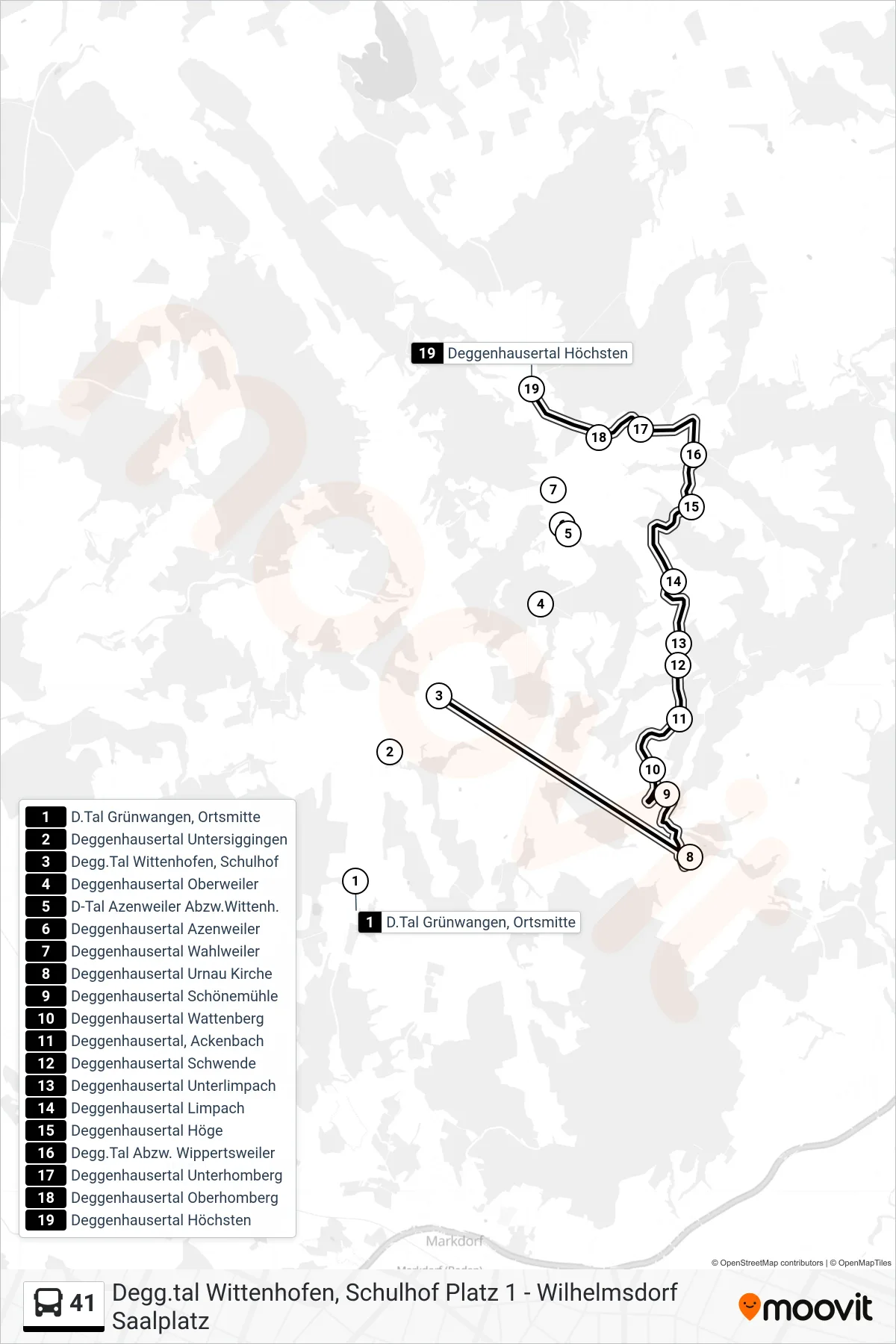41 bus Line (Deggenhausertal Höchsten) route and stops on a map