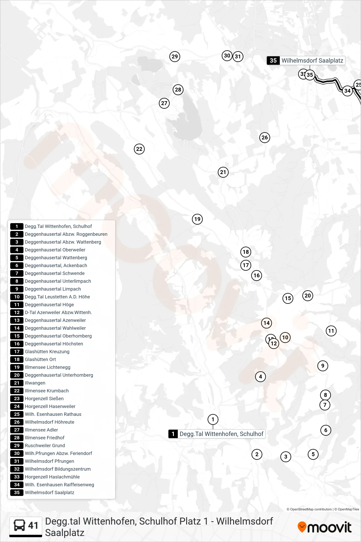 41 bus Line (Wilhelmsdorf Saalplatz) route and stops on a map