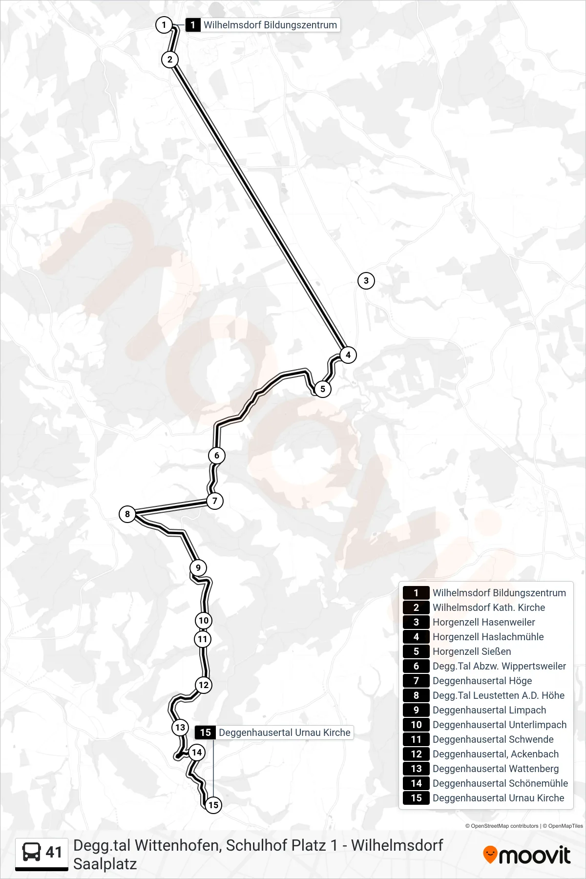 41 bus Line (Deggenhausertal Urnau Kirche) route and stops on a map