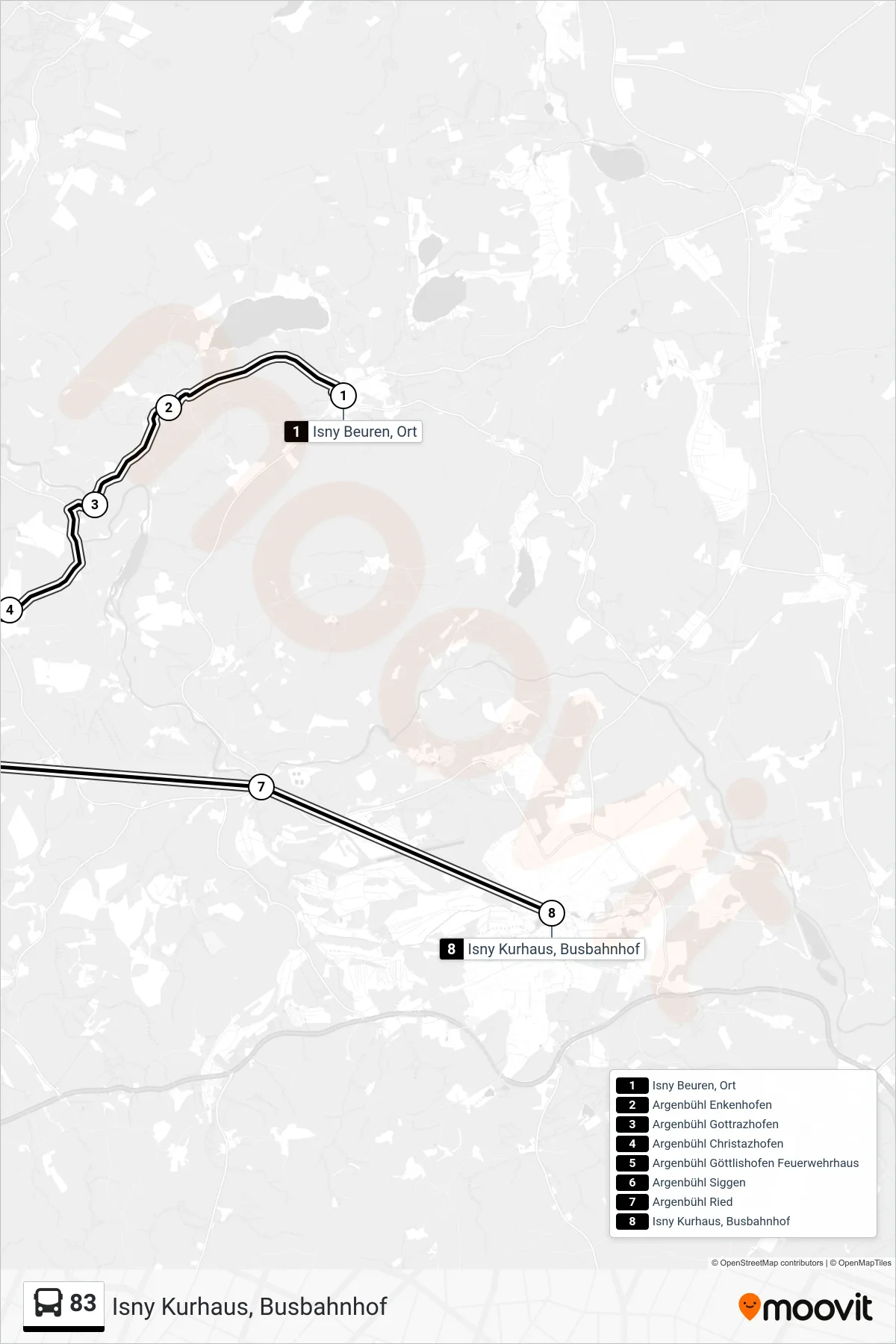 83 bus Line (Isny Kurhaus, Busbahnhof) route and stops on a map
