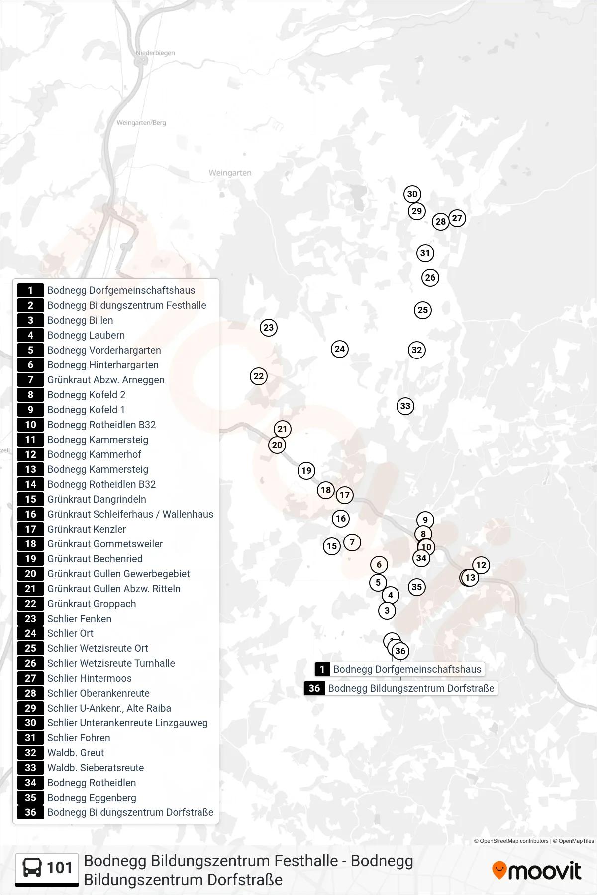 101 bus Line (Bodnegg Bildungszentrum) route and stops on a map