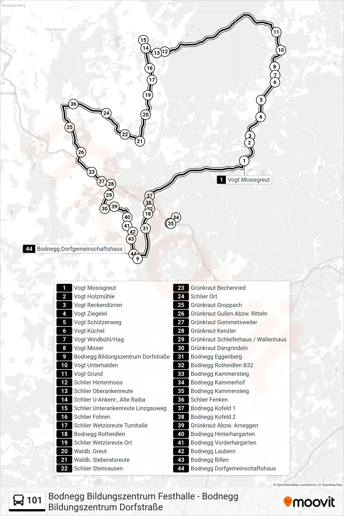 101 bus Line (Bodnegg Bildungszentrum) route and stops on a map