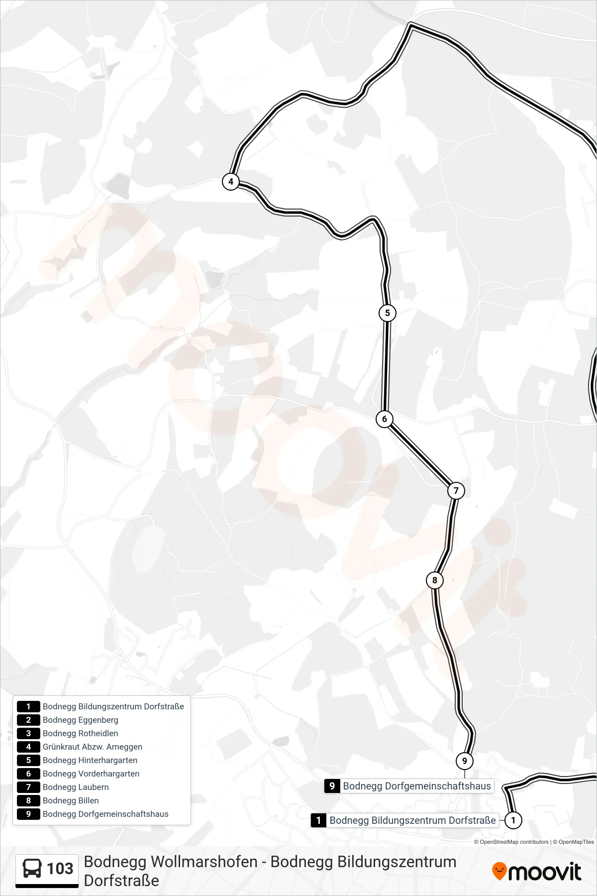 Linie 103 (Bus) Richtung Bodnegg Dorfgemeinschaftshaus: Route und Haltestellen auf der Karte