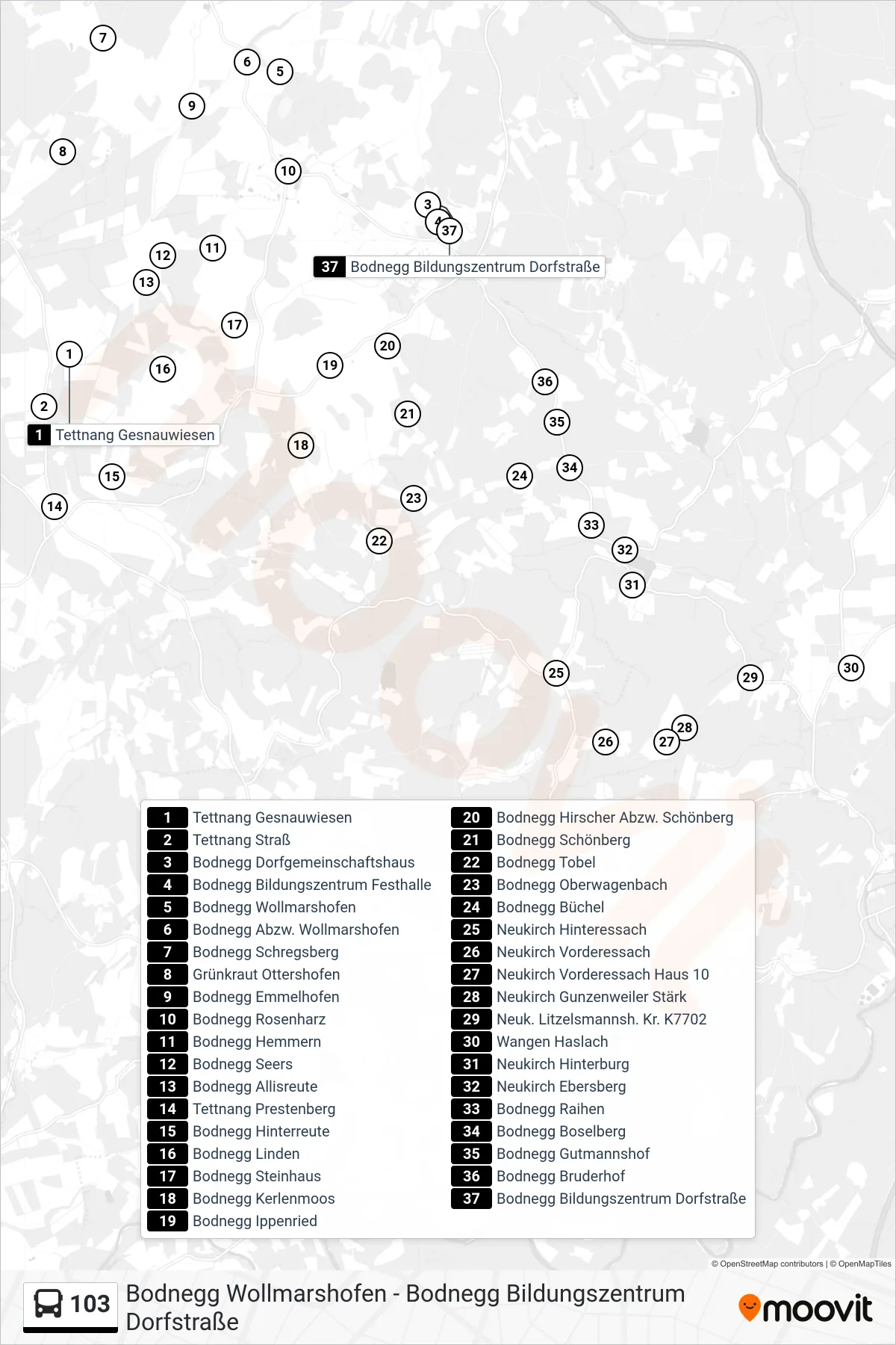 103 bus Line (Bodnegg Bildungszentrum) route and stops on a map