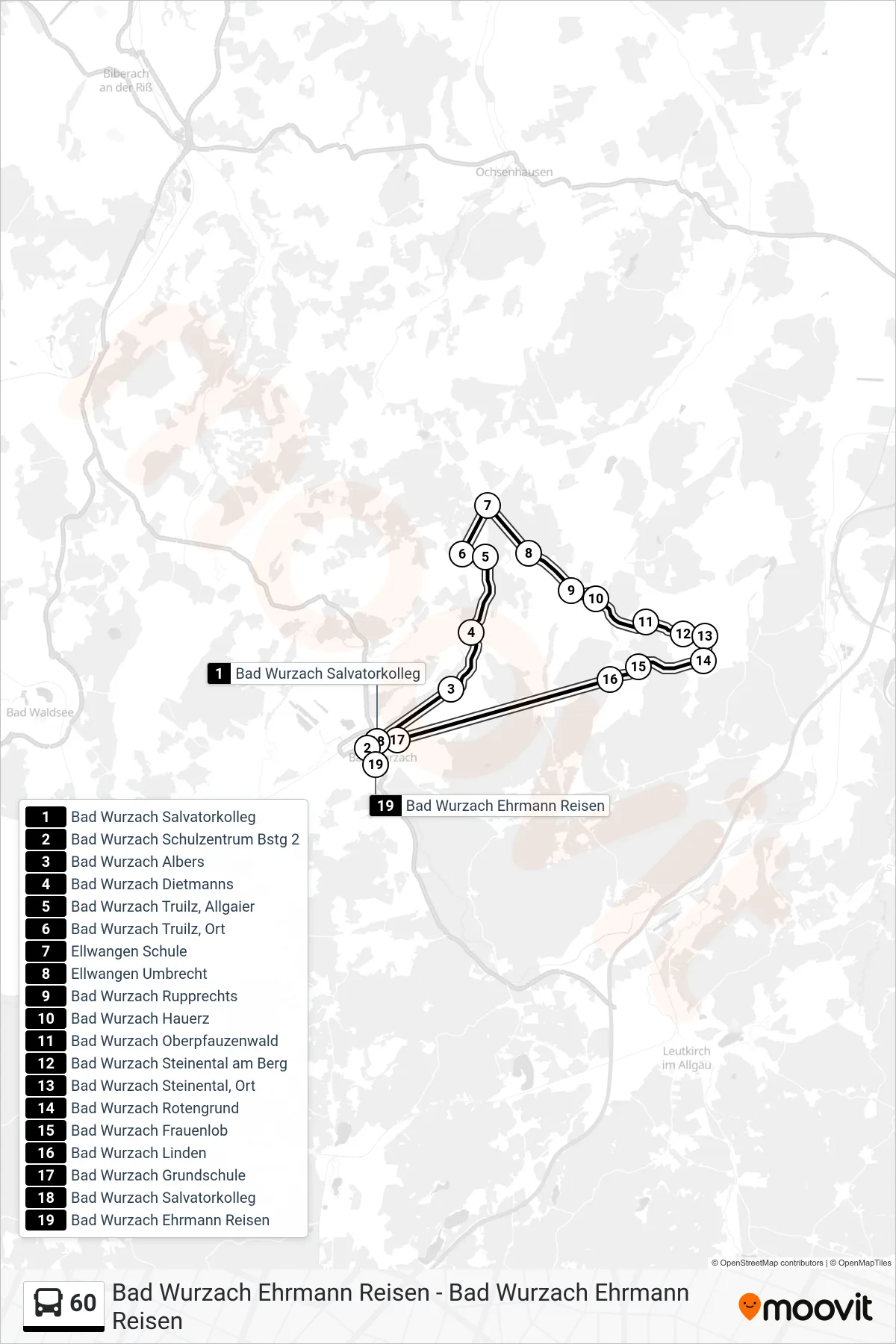 60 bus Line (Bad Wurzach Ehrmann Reisen) route and stops on a map