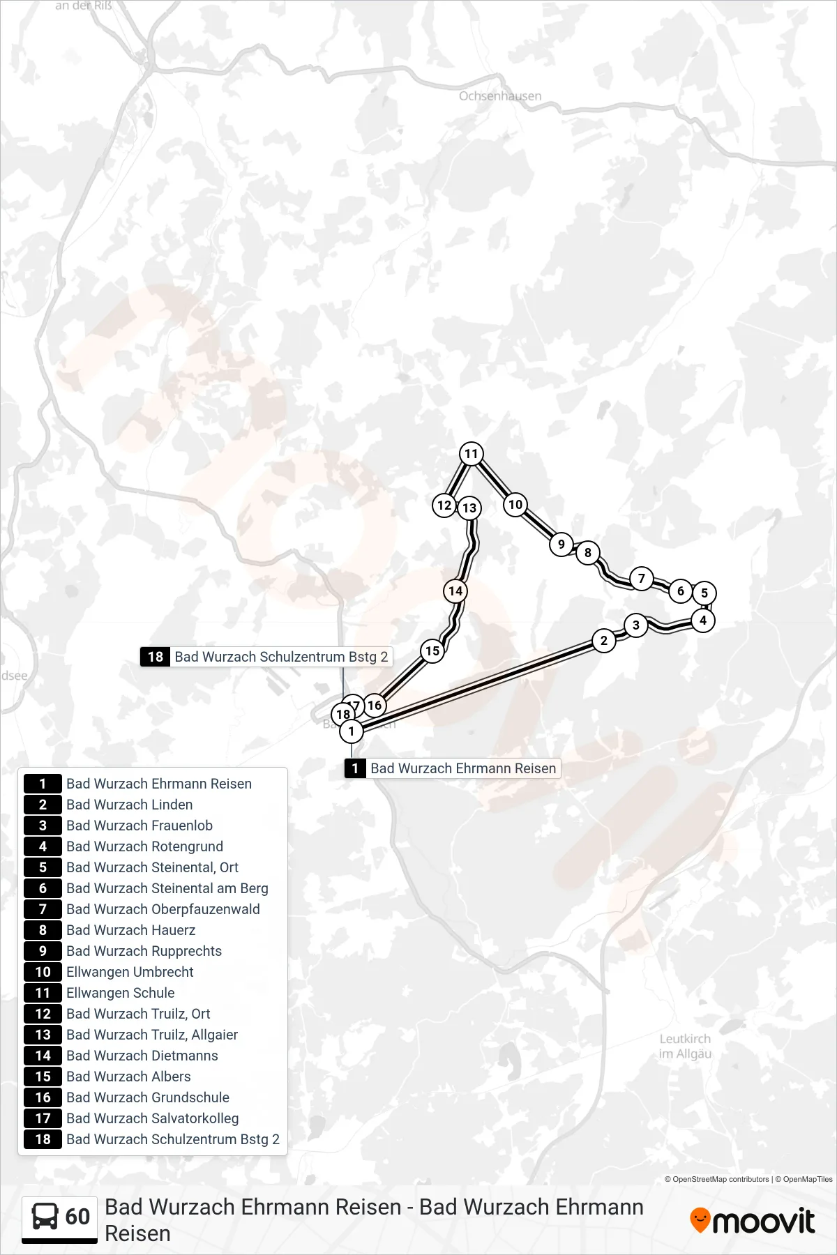60 bus Line (Bad Wurzach Schulzentrum) route and stops on a map