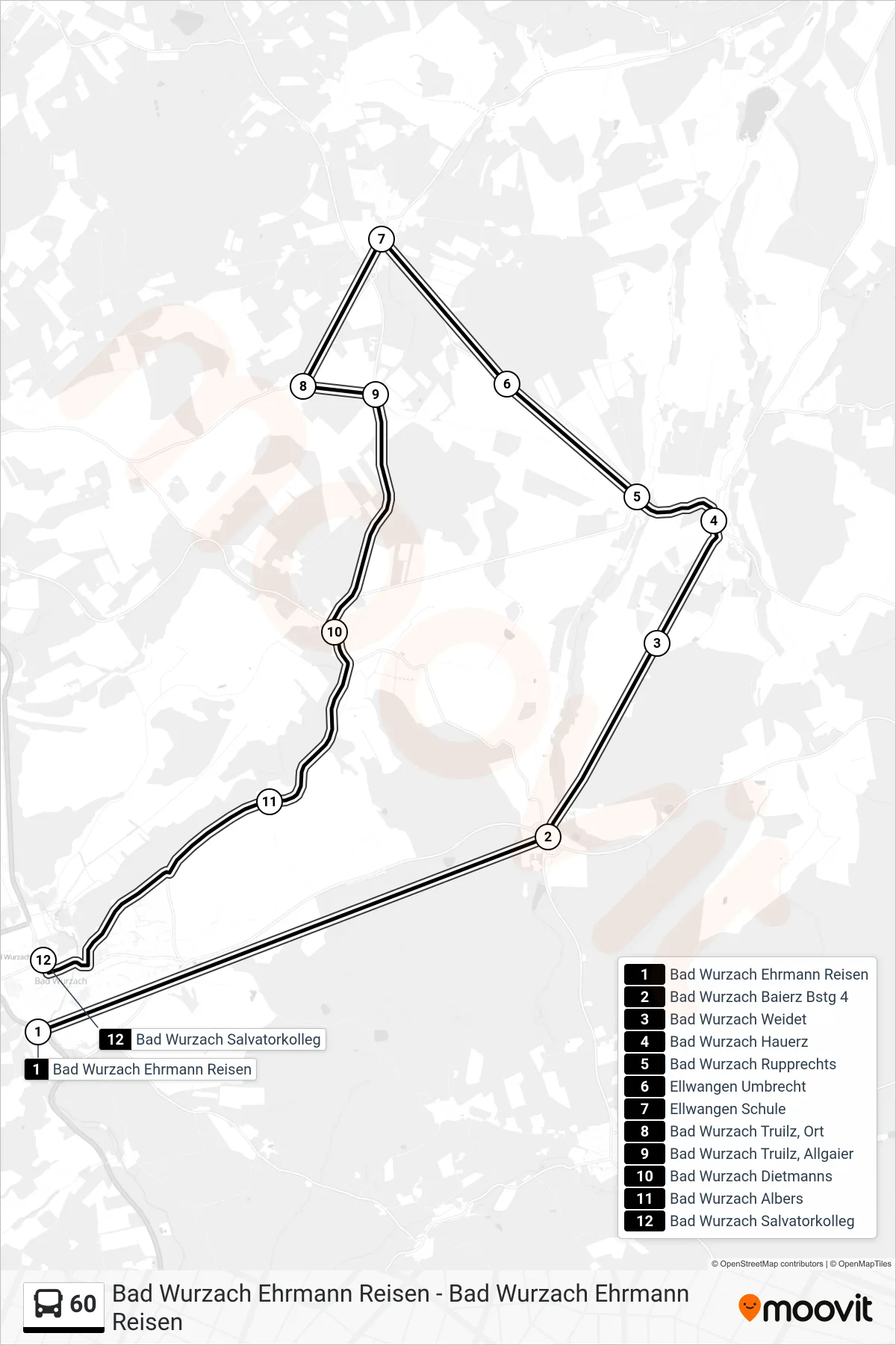 60 bus Line (Bad Wurzach Salvatorkolleg) route and stops on a map