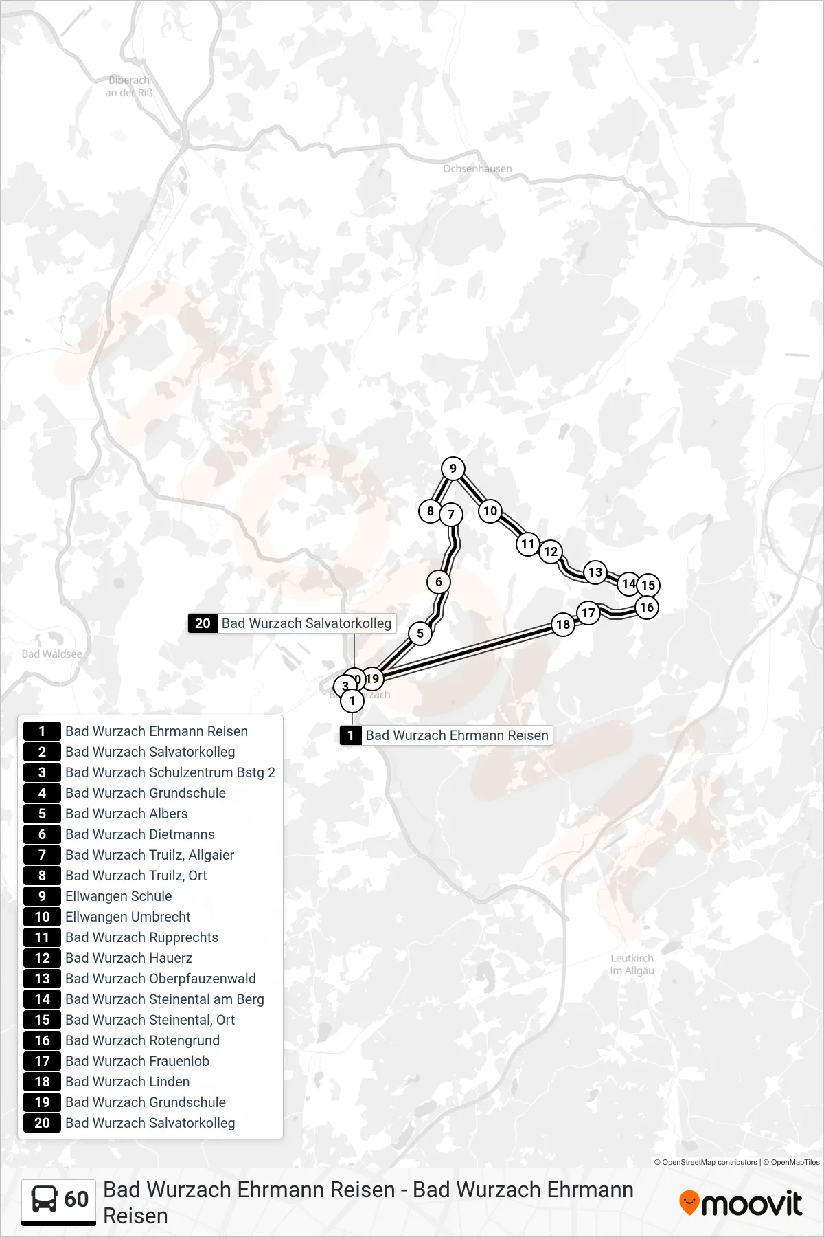 60 bus Line (Bad Wurzach Salvatorkolleg) route and stops on a map
