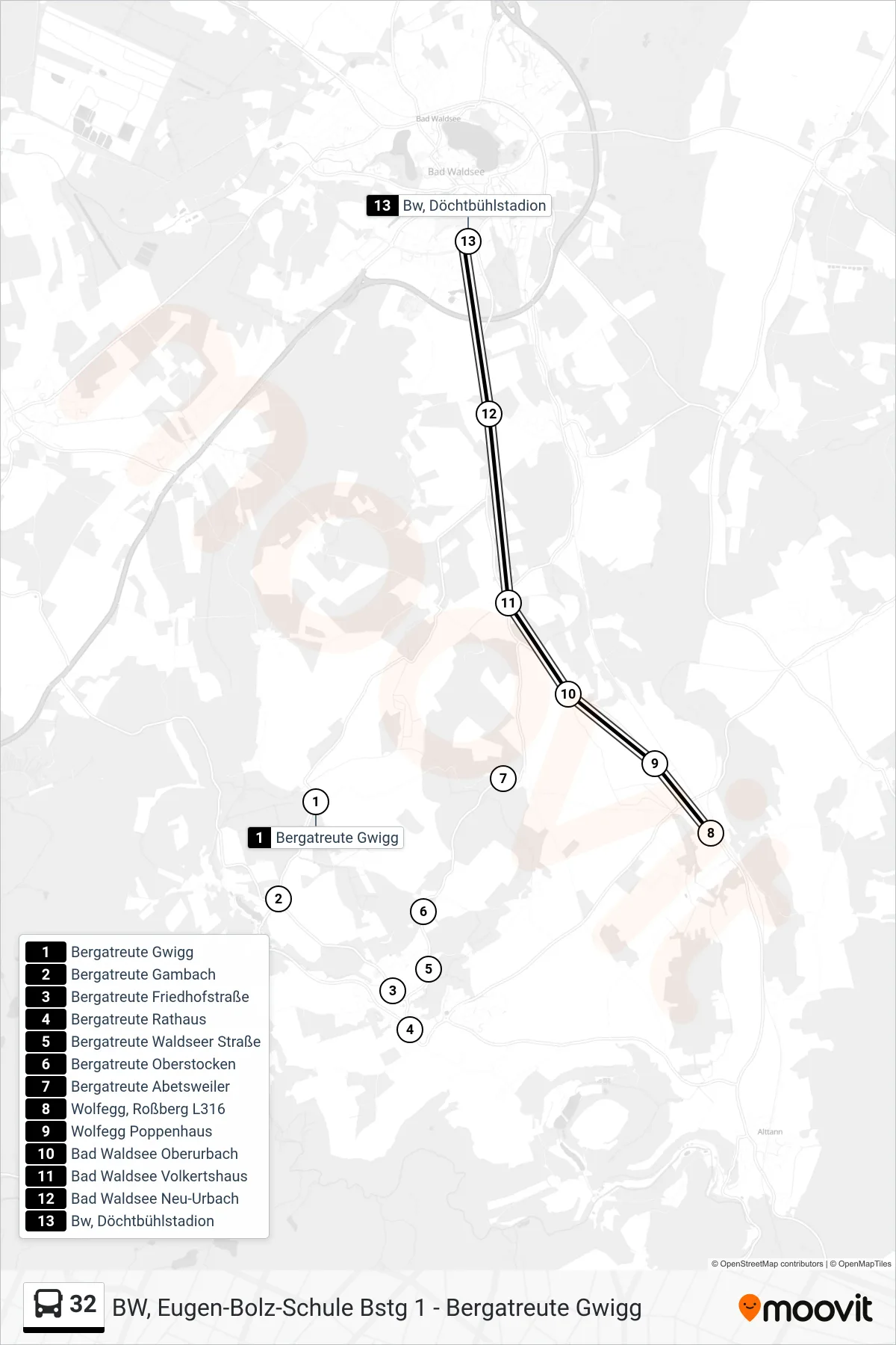 32 bus Line (Bw, Döchtbühlstadion) route and stops on a map