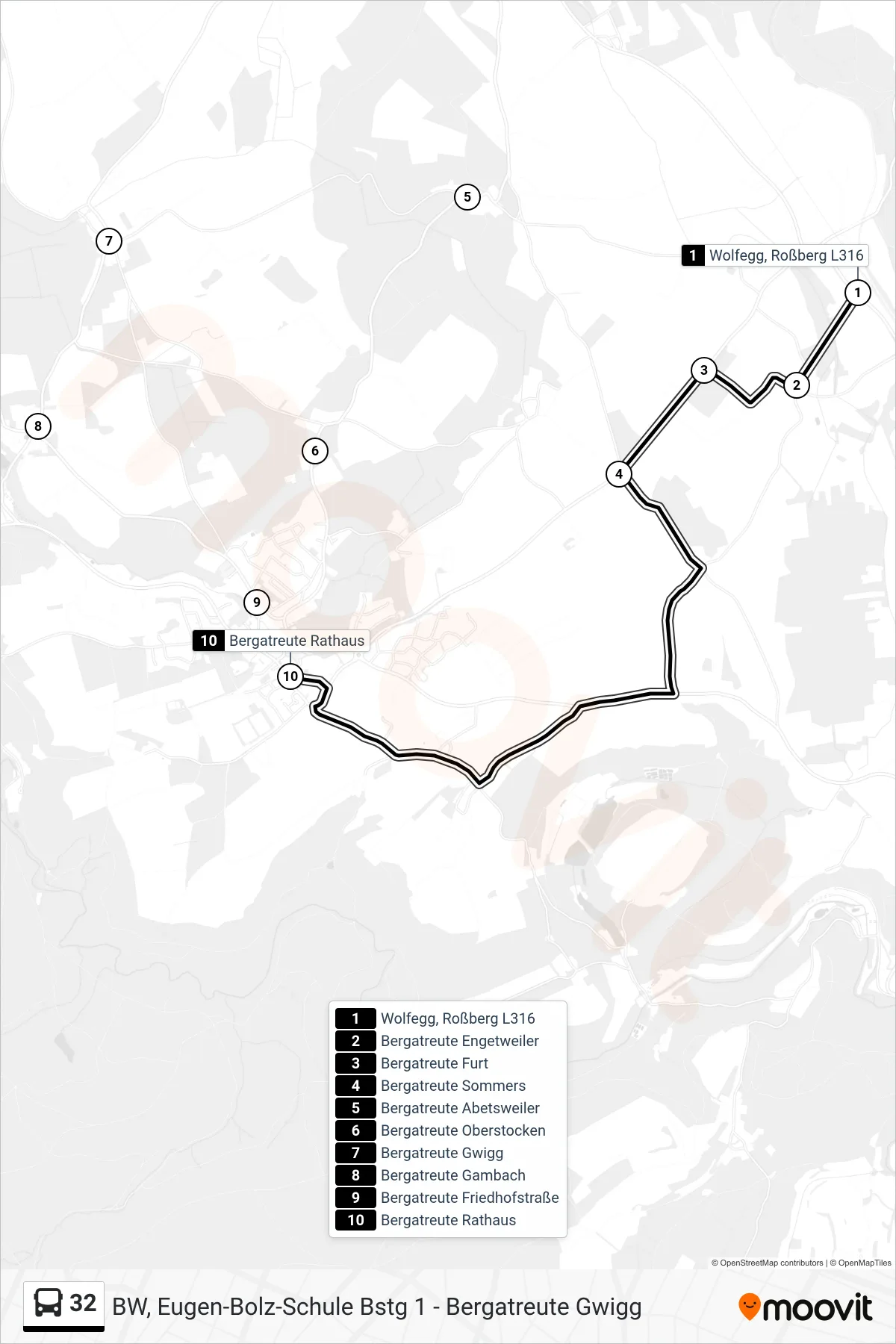 32 bus Line (Bergatreute Rathaus) route and stops on a map
