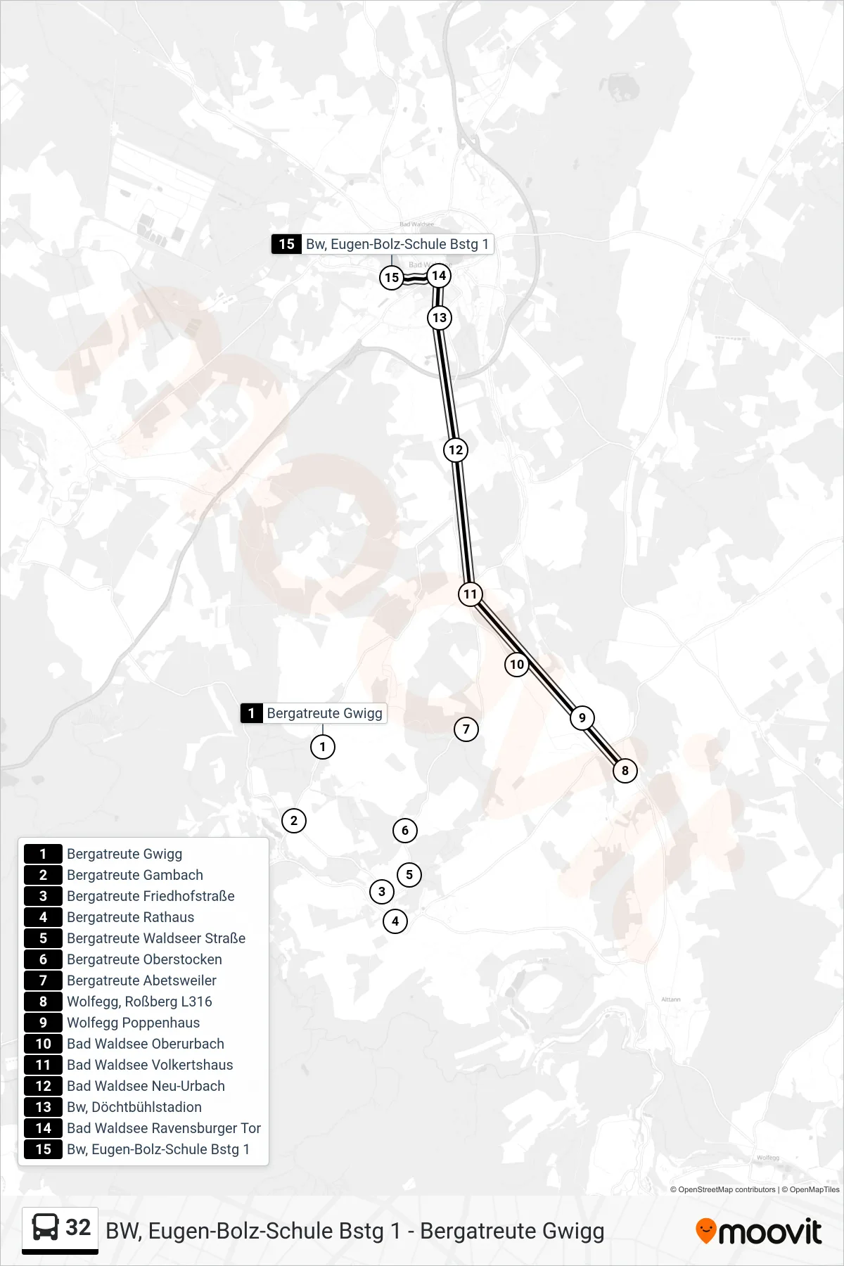 32 bus Line (Bw, Eugen-Bolz-Schule) route and stops on a map