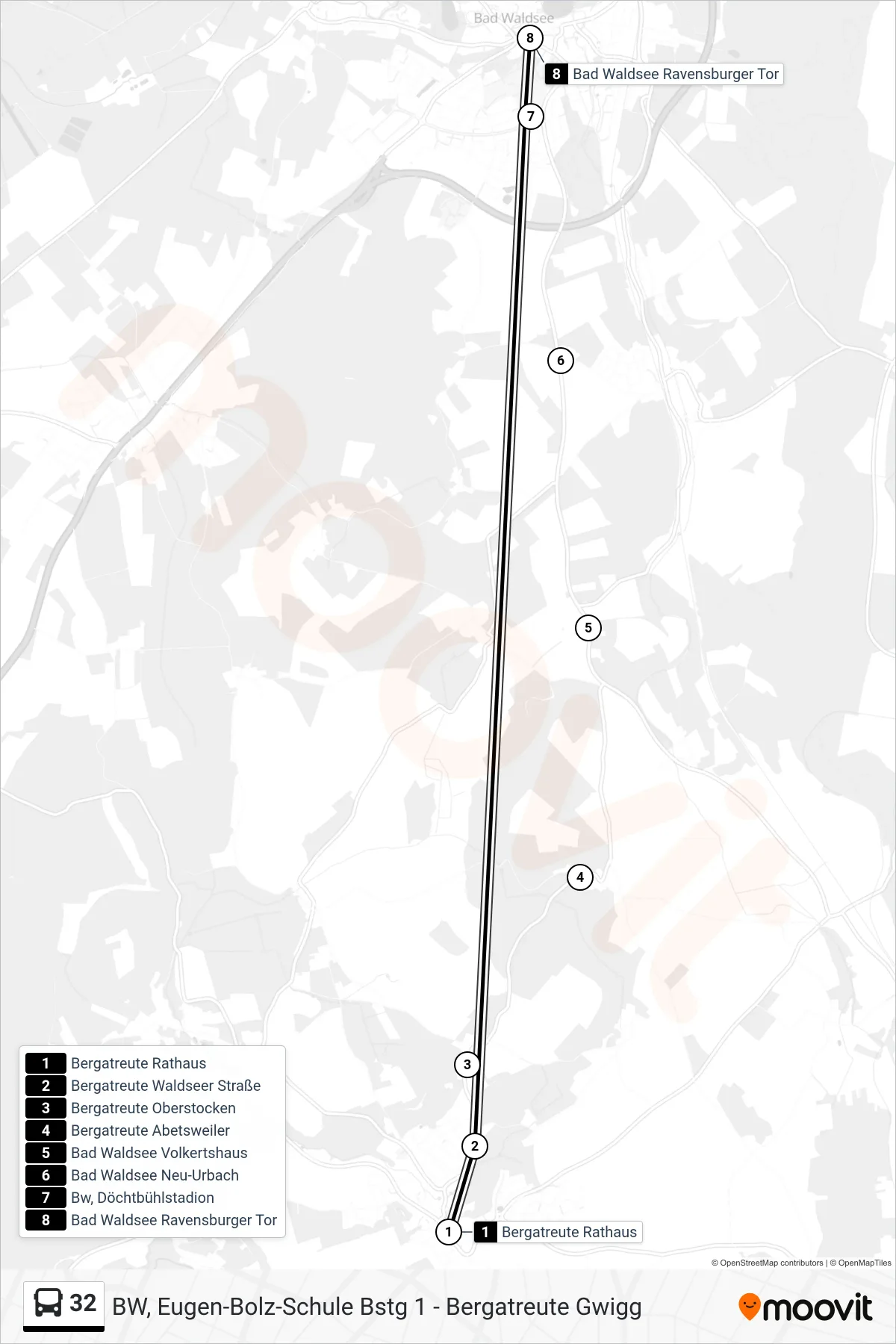 32 bus Line (Bad Waldsee Ravensburger Tor) route and stops on a map