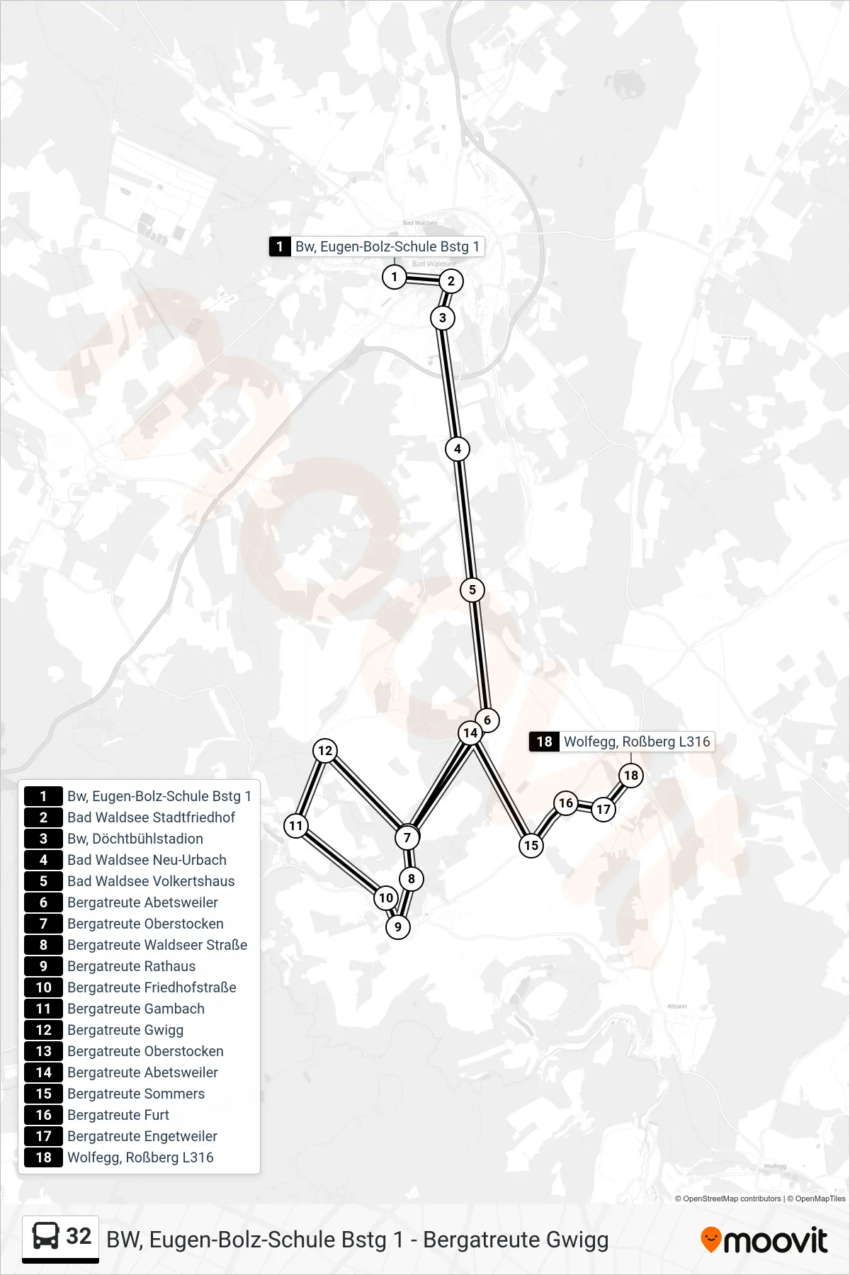 32 bus Line (Wolfegg, Roßberg L316) route and stops on a map