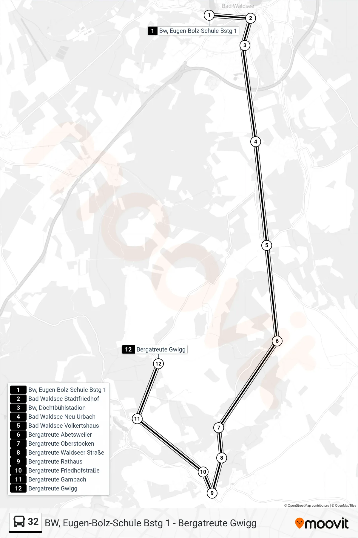 32 bus Line (Bergatreute Gwigg) route and stops on a map