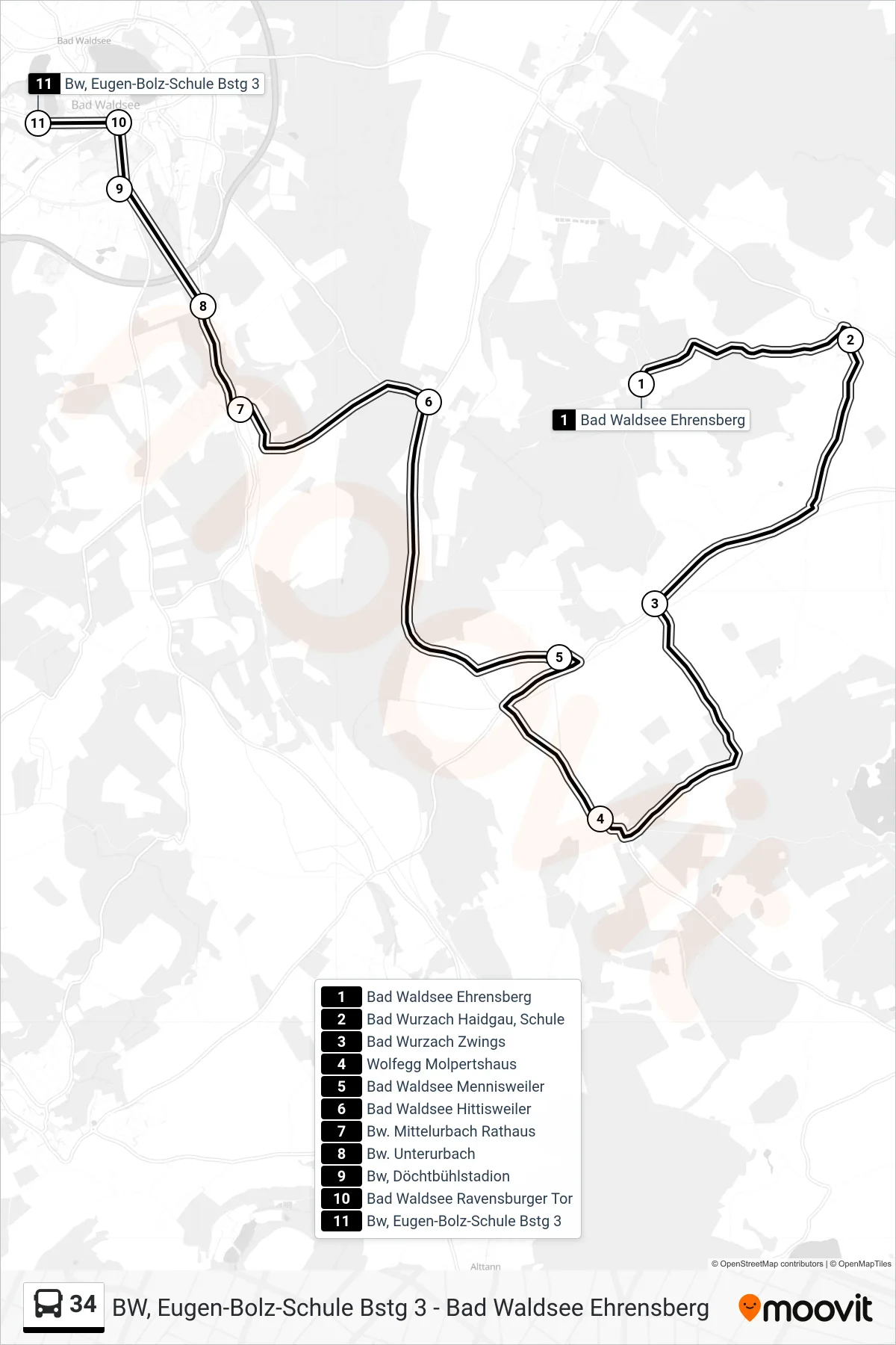 34 bus Line (Bw, Eugen-Bolz-Schule) route and stops on a map