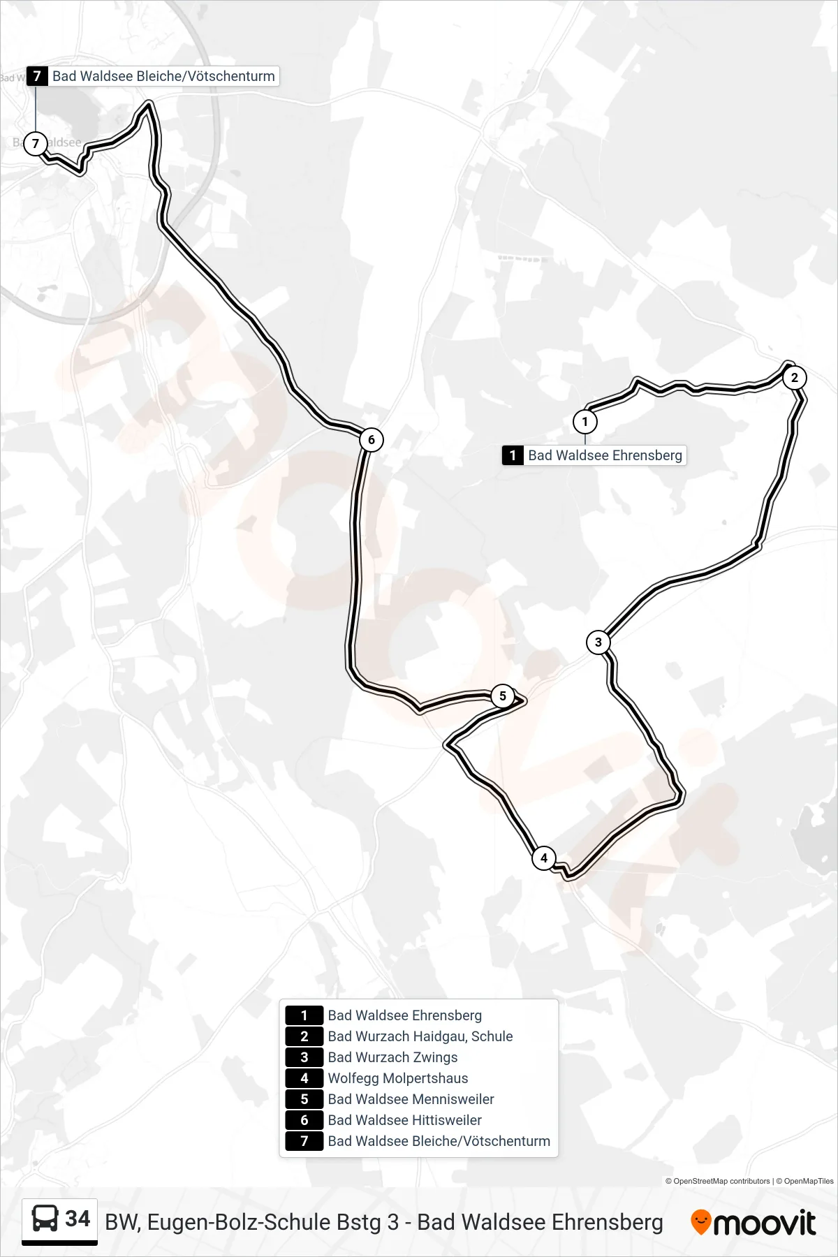 34 bus Line (Bad Waldsee Bleiche/Vötschenturm) route and stops on a map