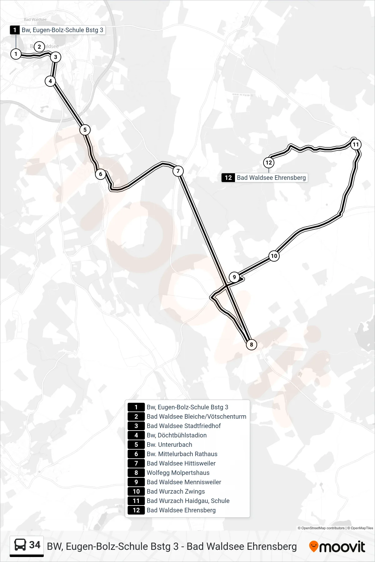 34 bus Line (Bad Waldsee Ehrensberg) route and stops on a map