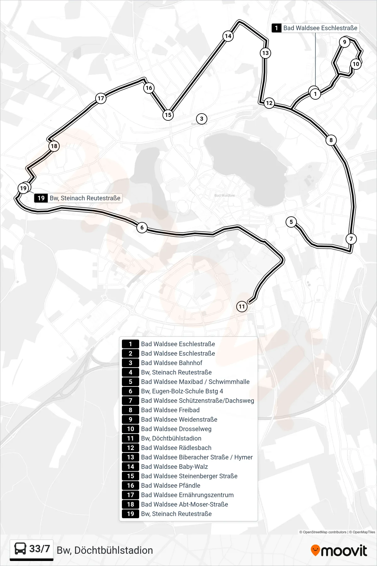 33/7 bus Line (Bw, Döchtbühlstadion) route and stops on a map