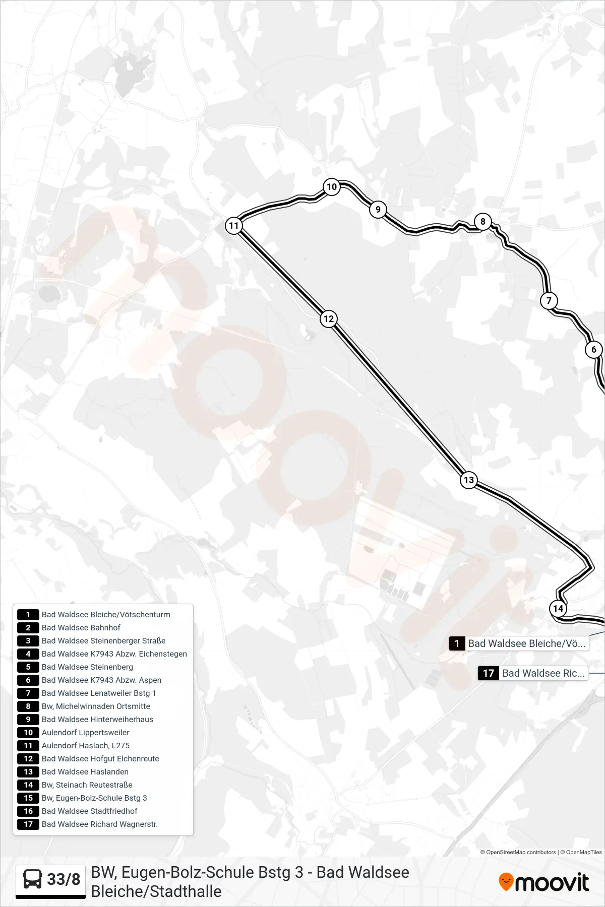 33/8 bus Line (Bad Waldsee Richard Wagnerstr.) route and stops on a map