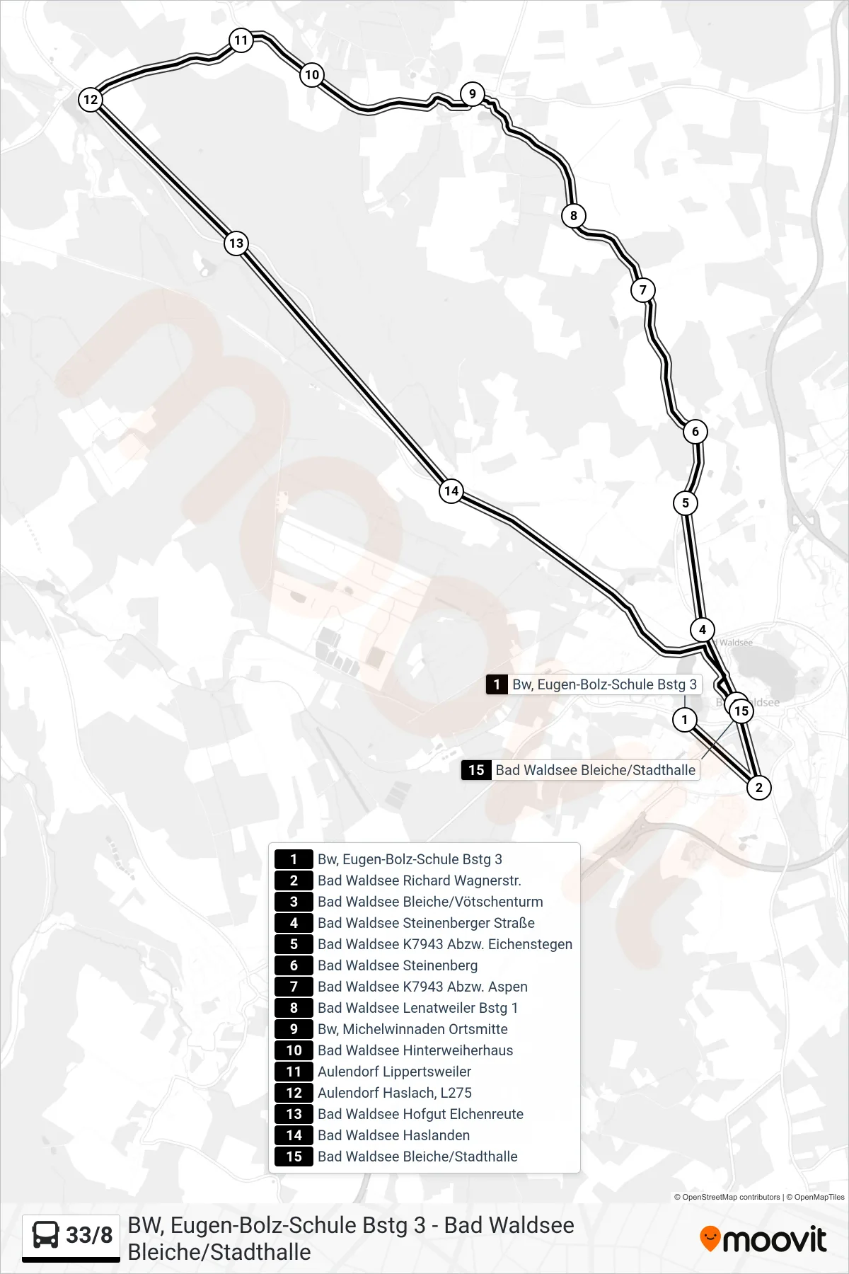 33/8 bus Line (Bad Waldsee Bleiche/Stadthalle) route and stops on a map