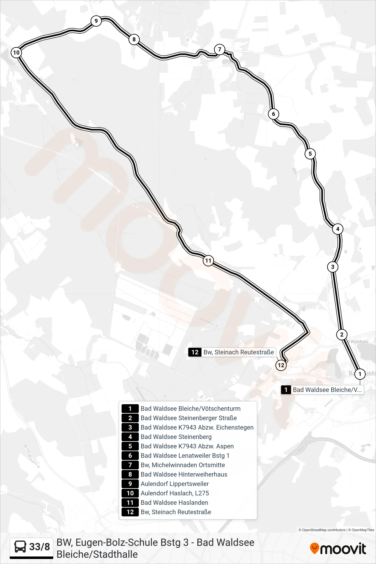 Linie 33/8 (Bus) Richtung Bw, Steinach Reutestraße: Route und Haltestellen auf der Karte