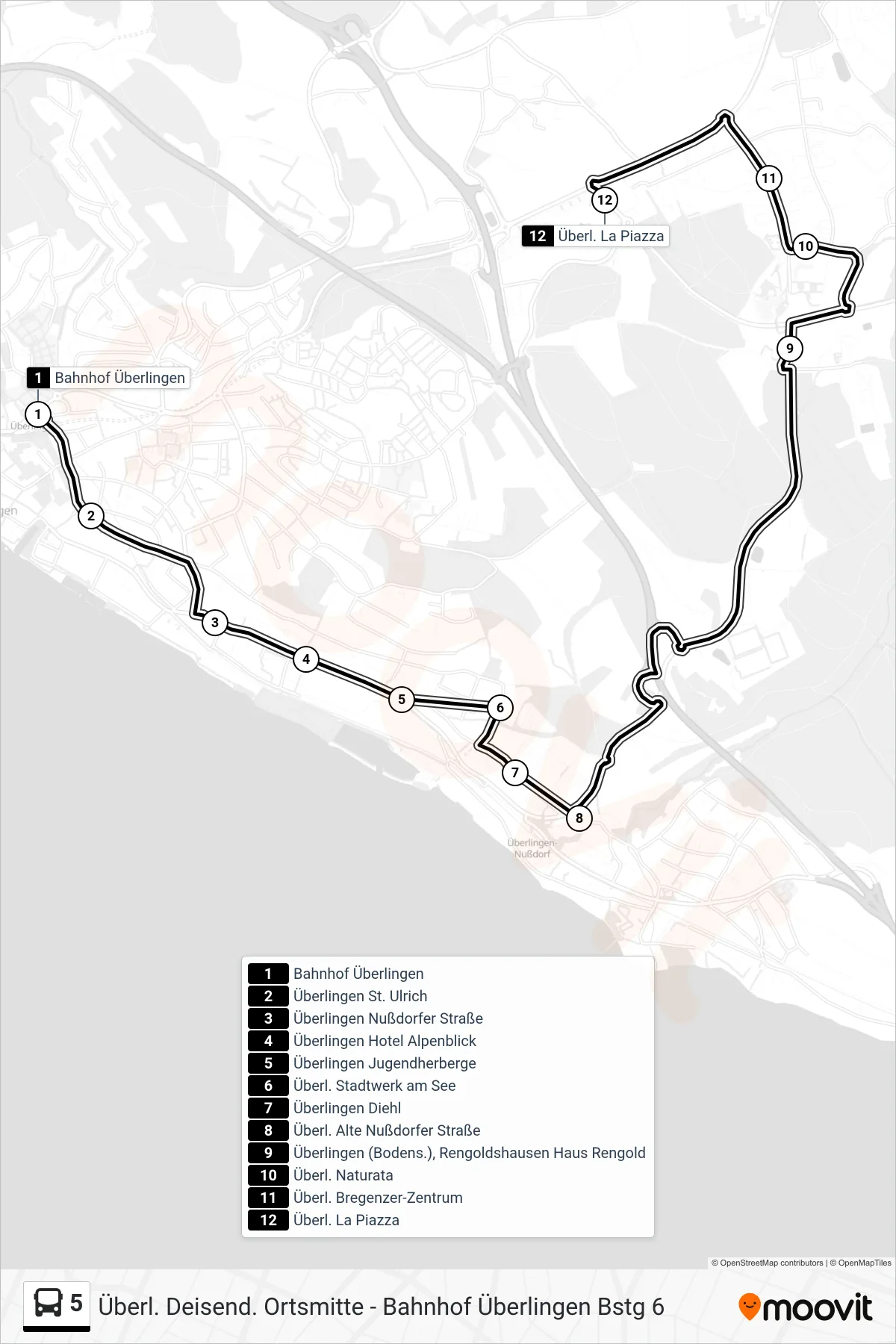 5 bus Line (Überl. La Piazza) route and stops on a map